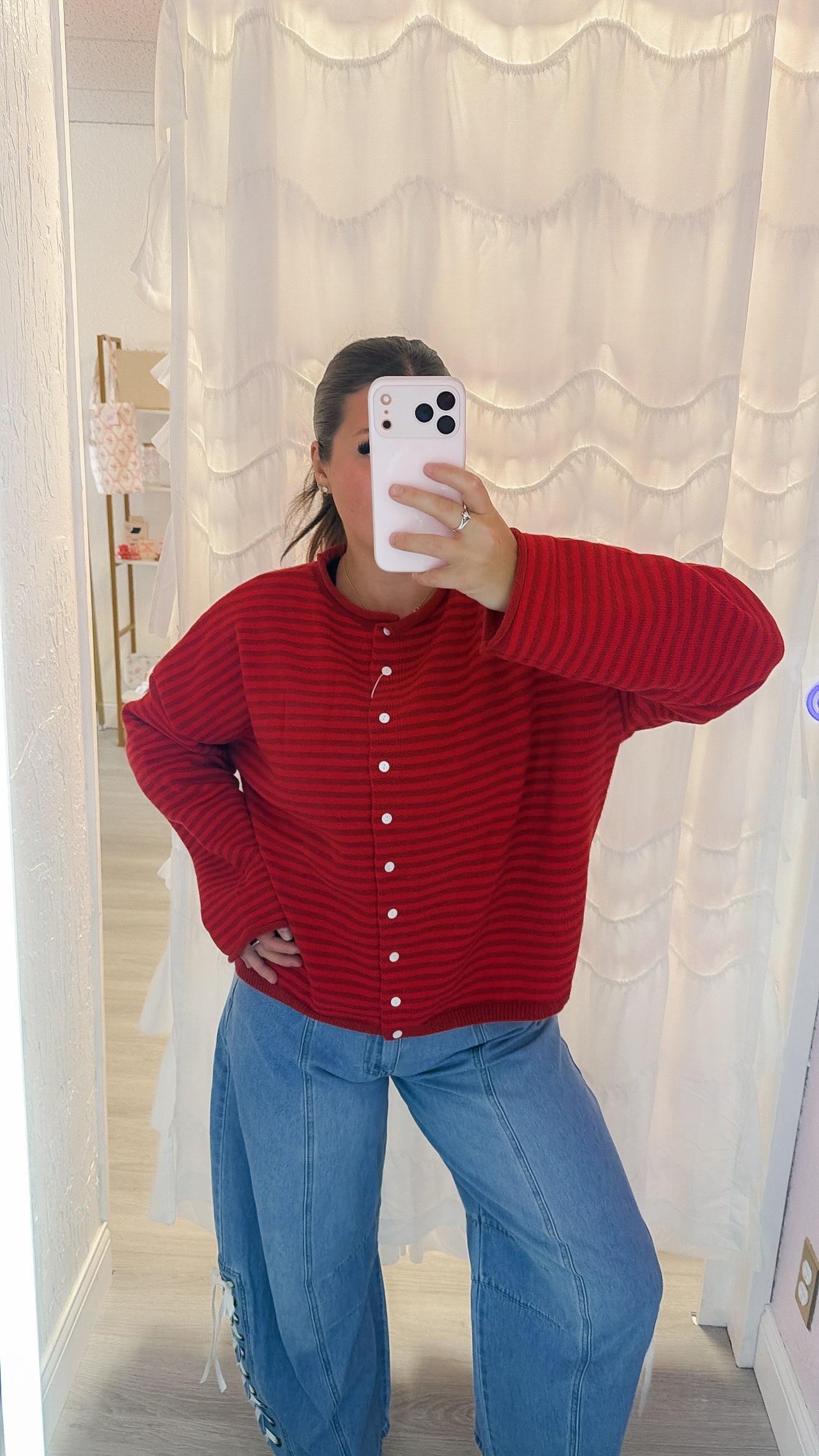 Red Striped Knit Button Down Cardigan Sweater