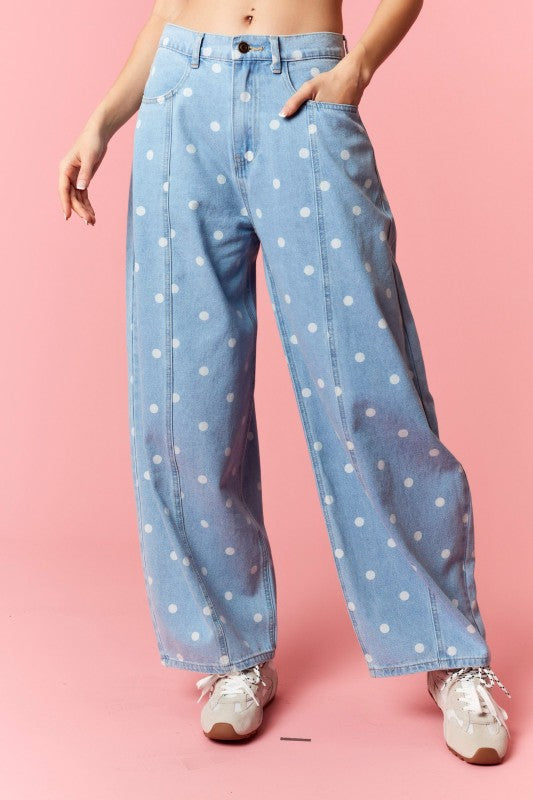 Washed Denim Polka Dot Printed Wide Barrel Pants