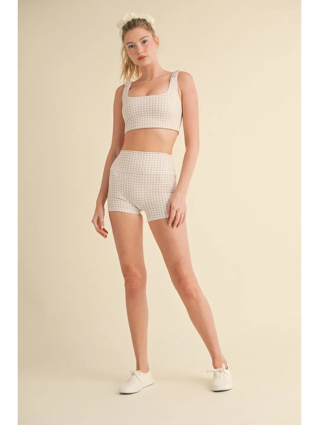 Beige Gingham Rouched Bra Top