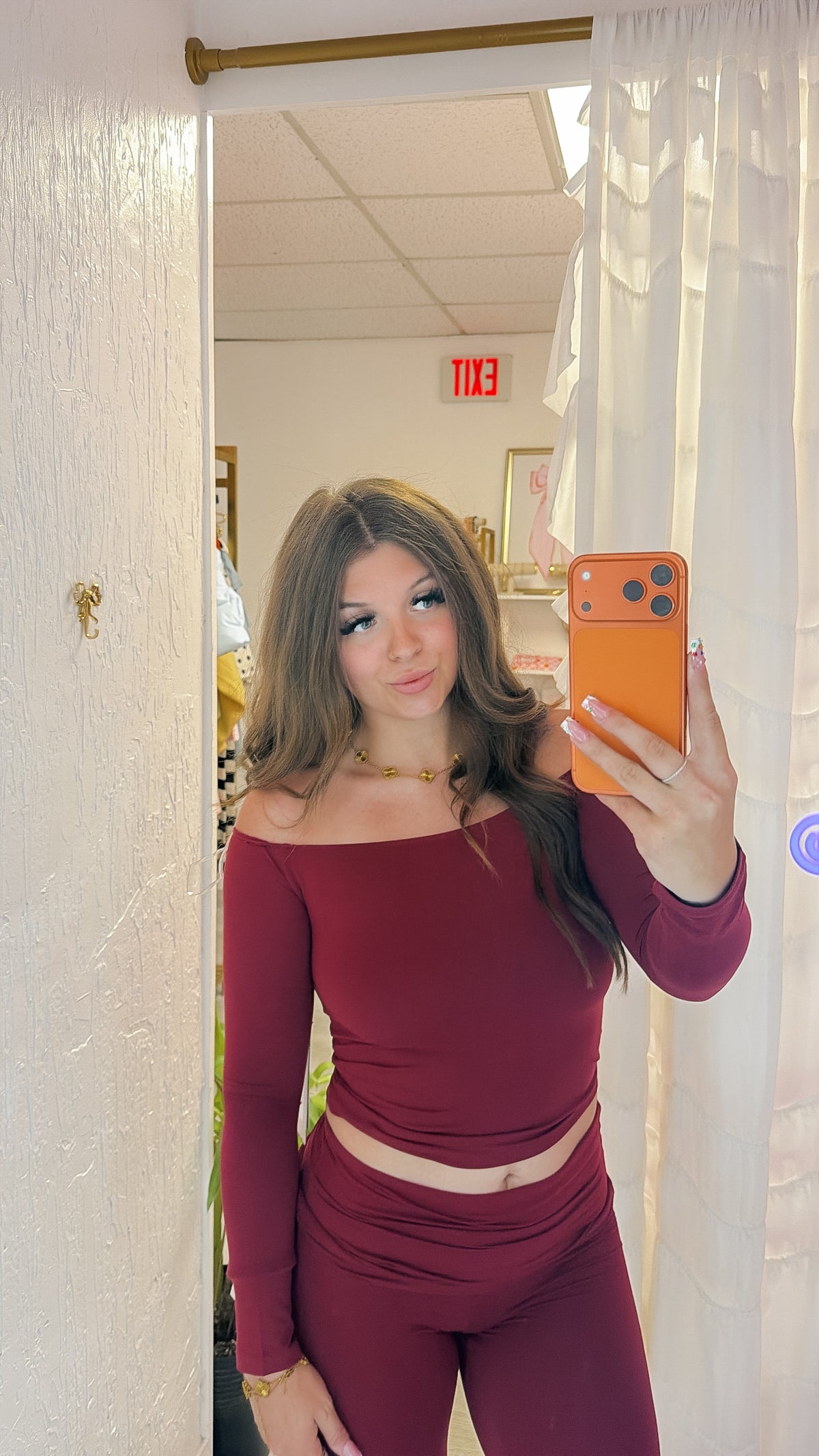 Dark Cherry Soft Knit Off Shoulder Long Sleeve Top
