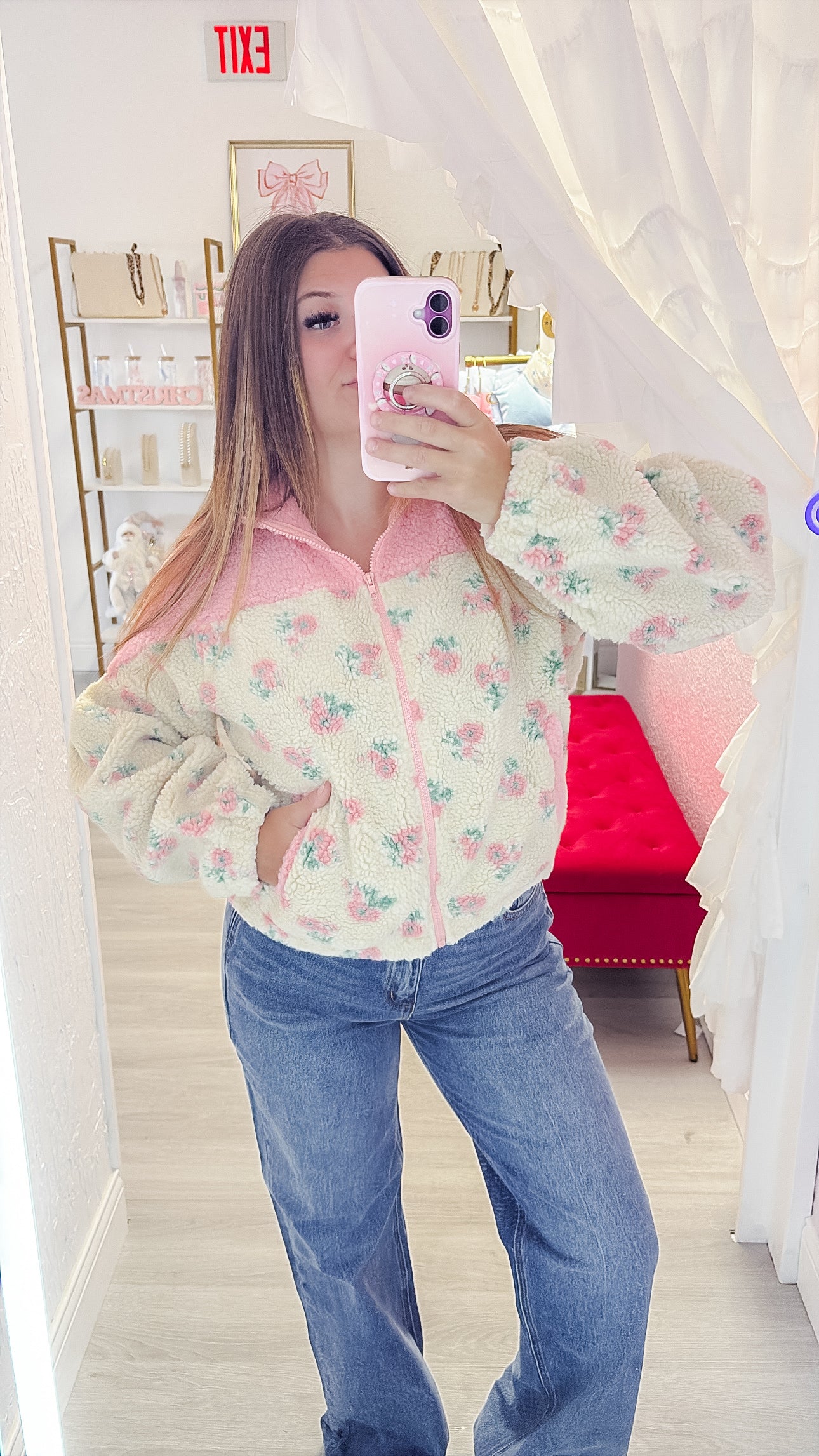 Floral Sherpa Zip Up Jacket