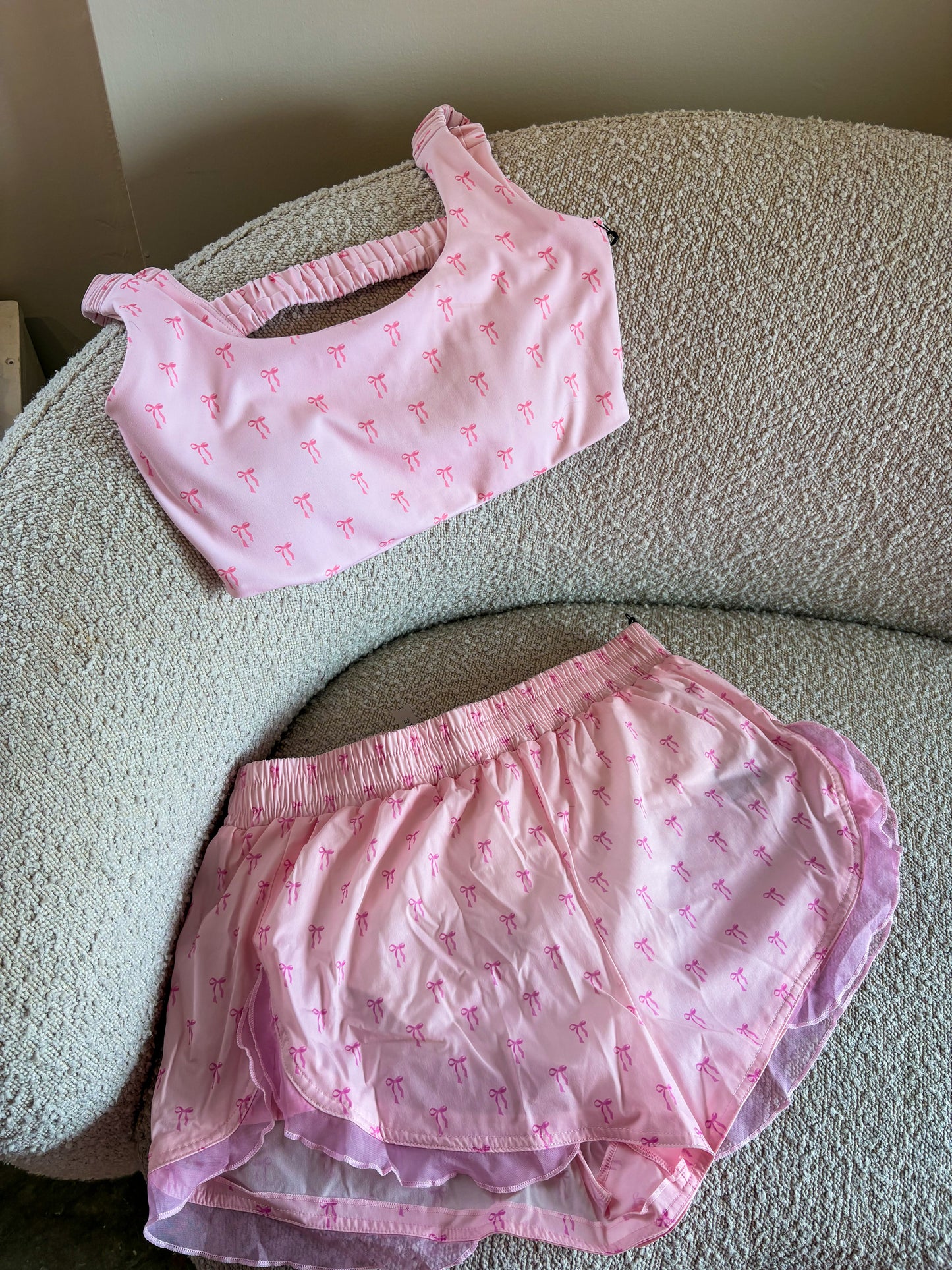 Ruffle Trim Bow Print Active Shorts