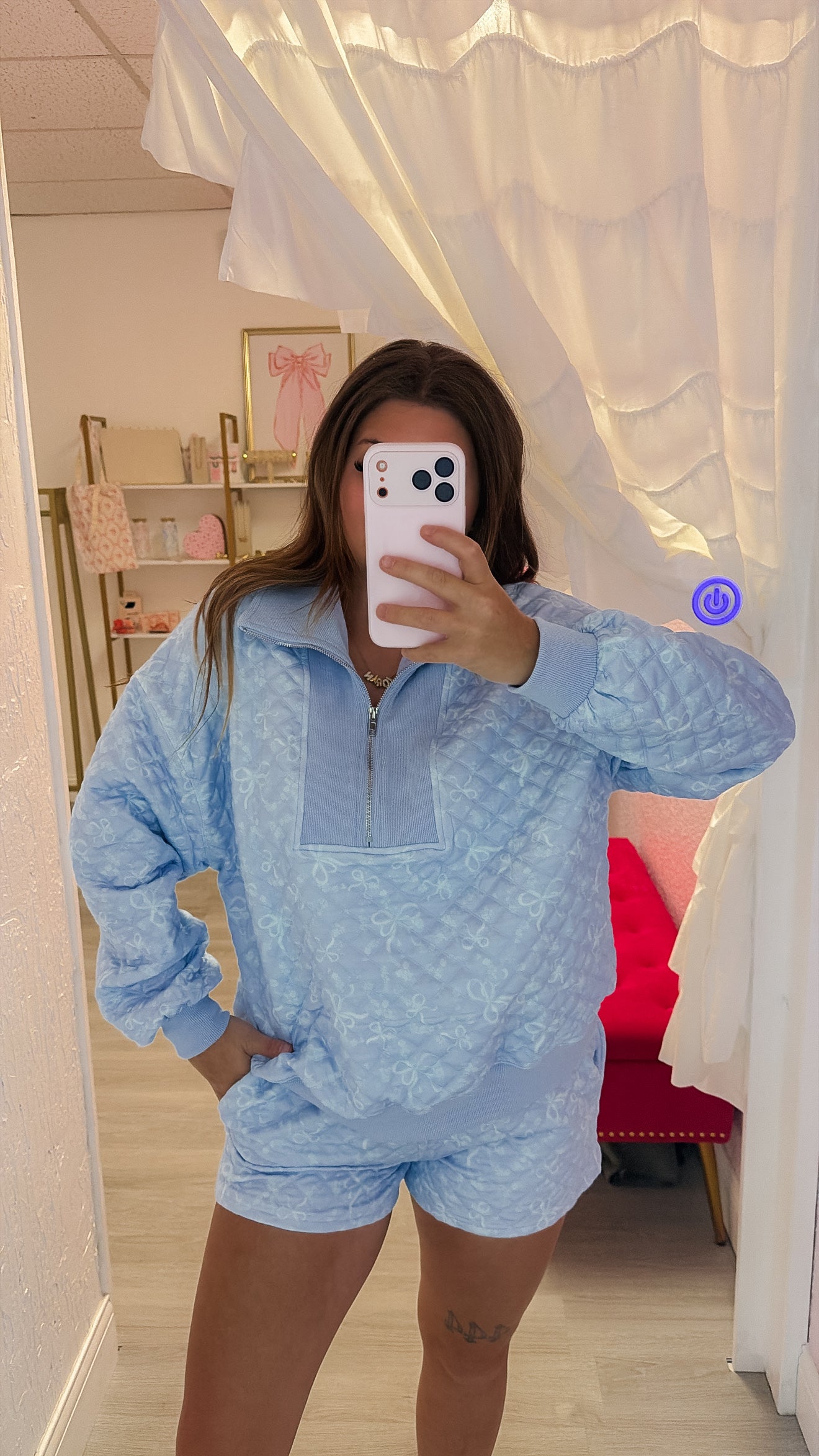 Quilted Bow Printed Half-zip Top & Shorts Set - Blue