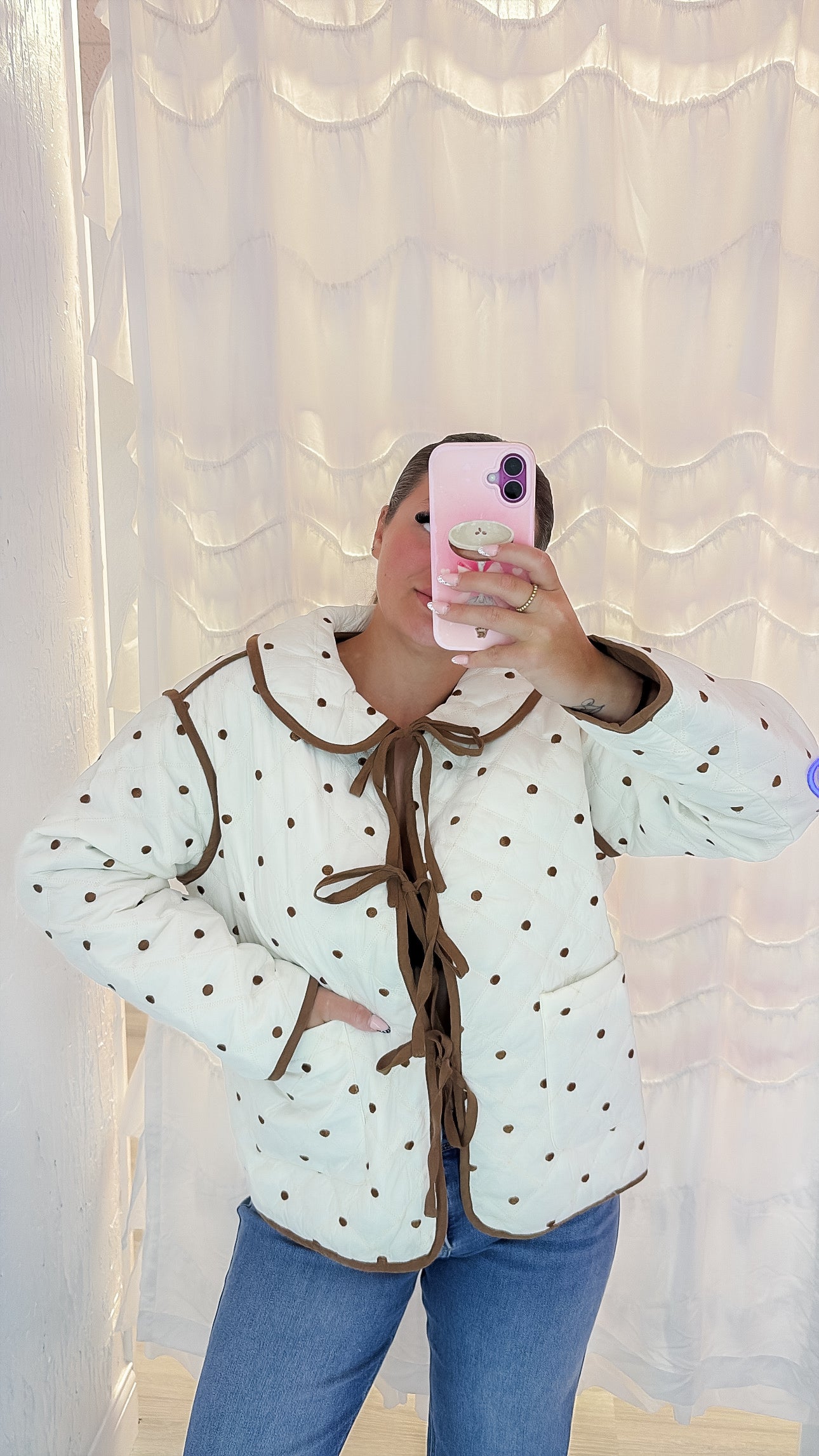 Polka Dot Quilted Tie Front Jacket