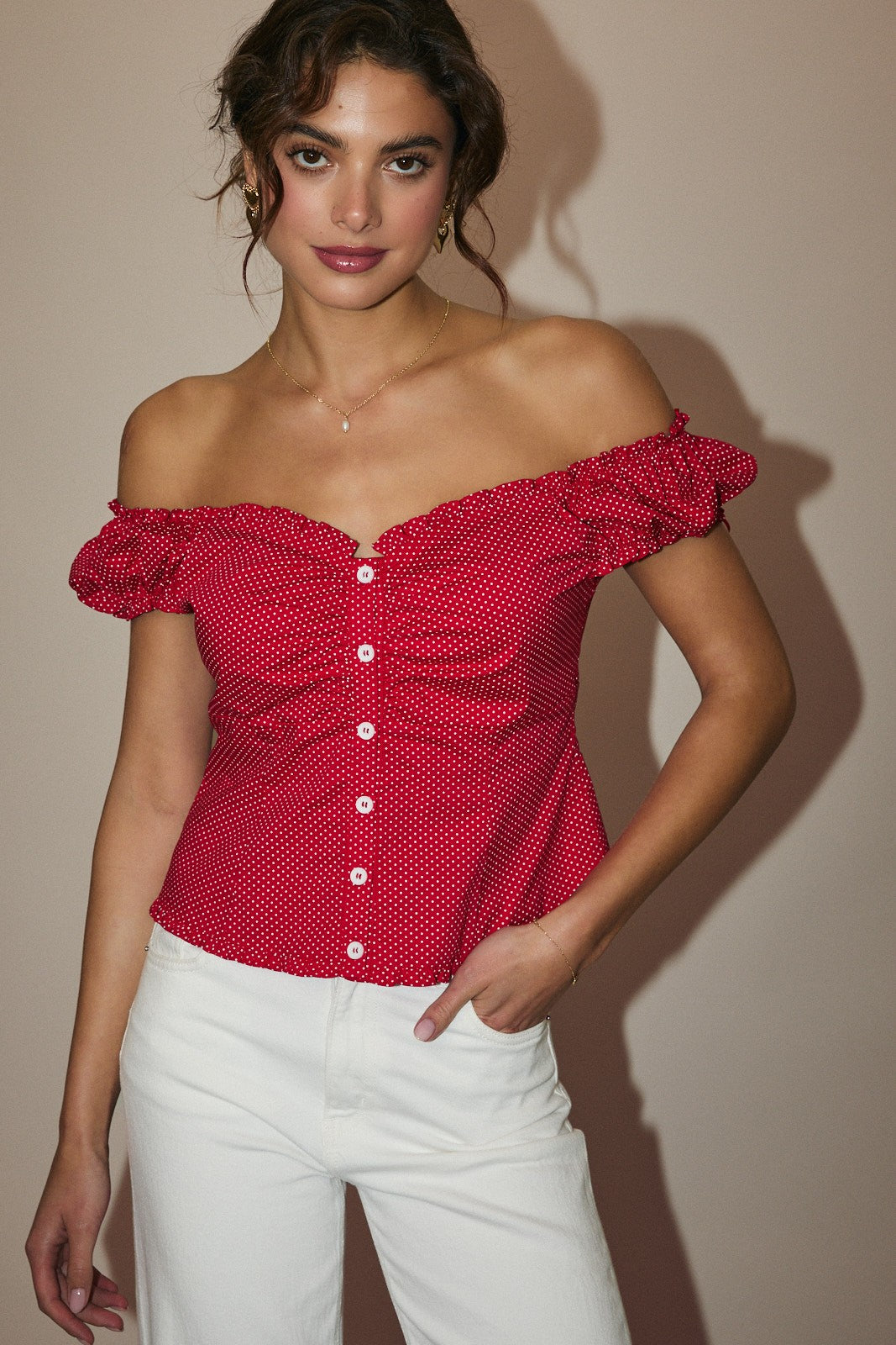Cap Sleeve Button Down Polka Top