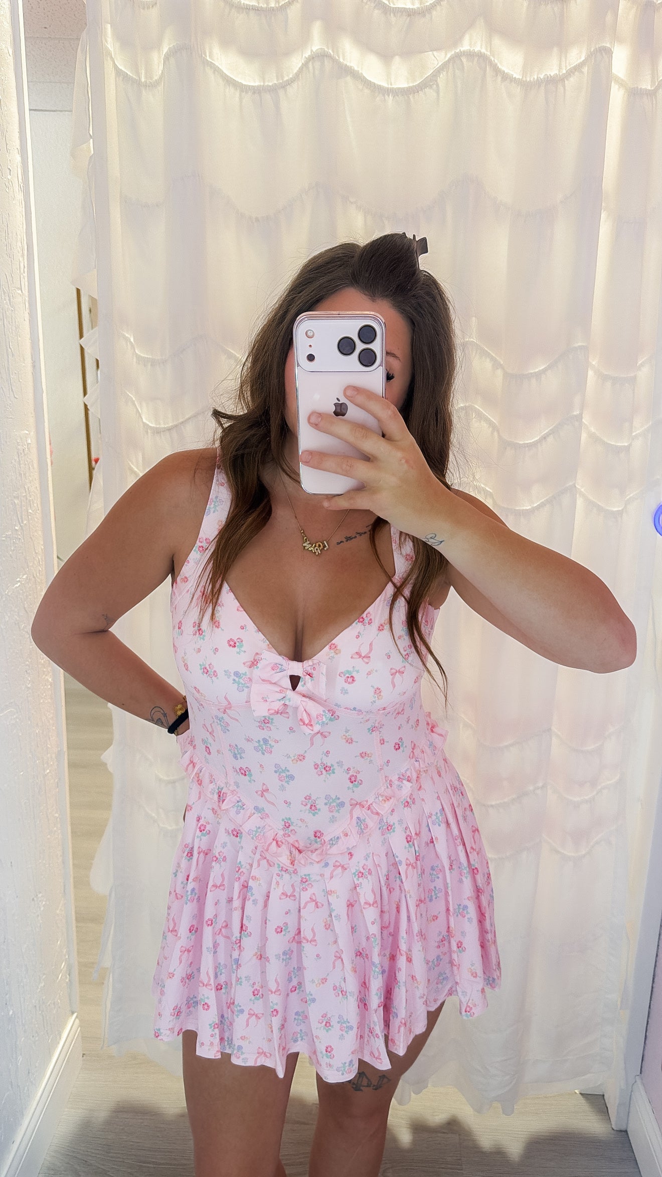 Pastel Pink Floral Bow Romper Dress