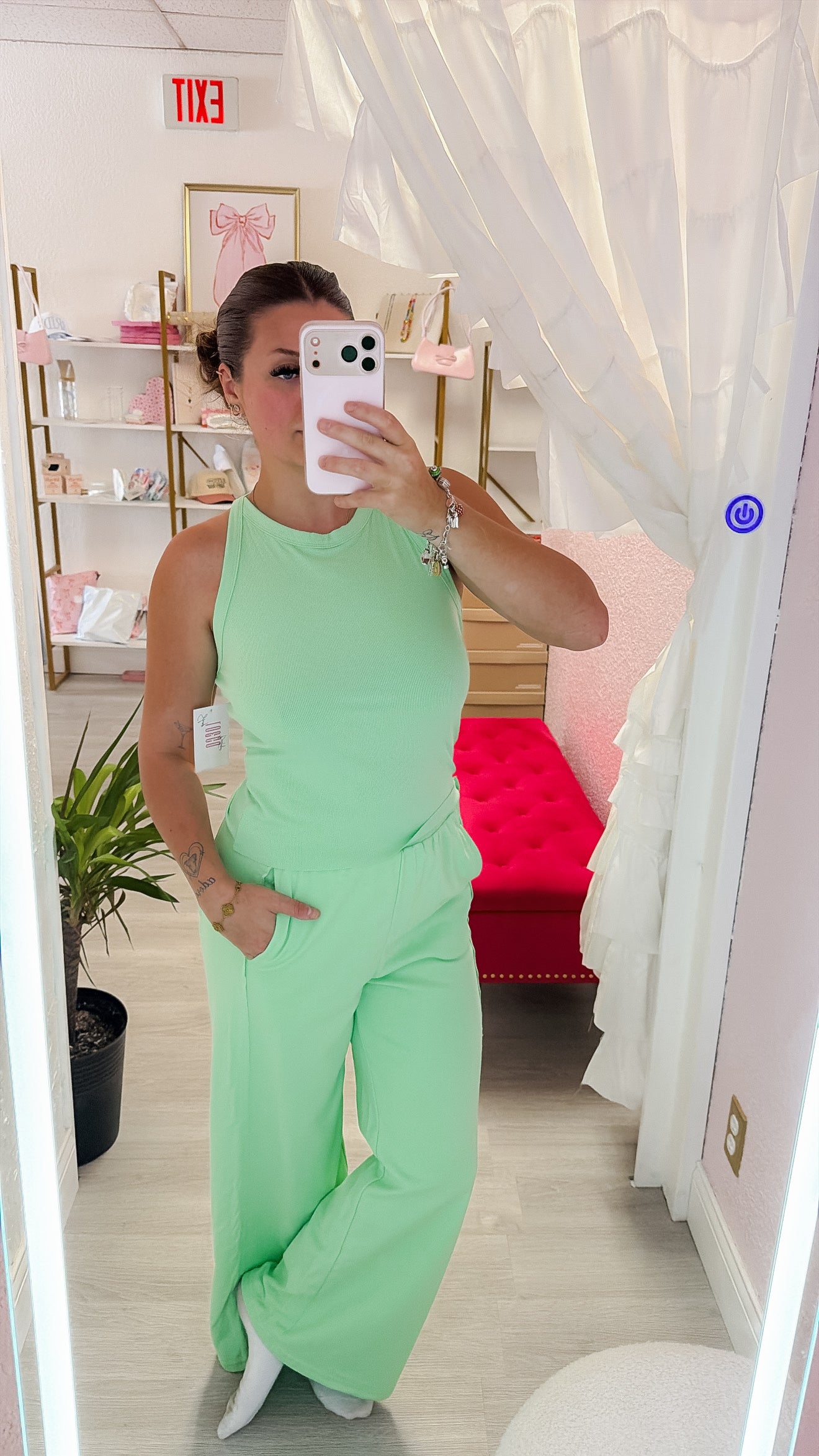 Ribbed Tank Top and Sweatpants Set - Green