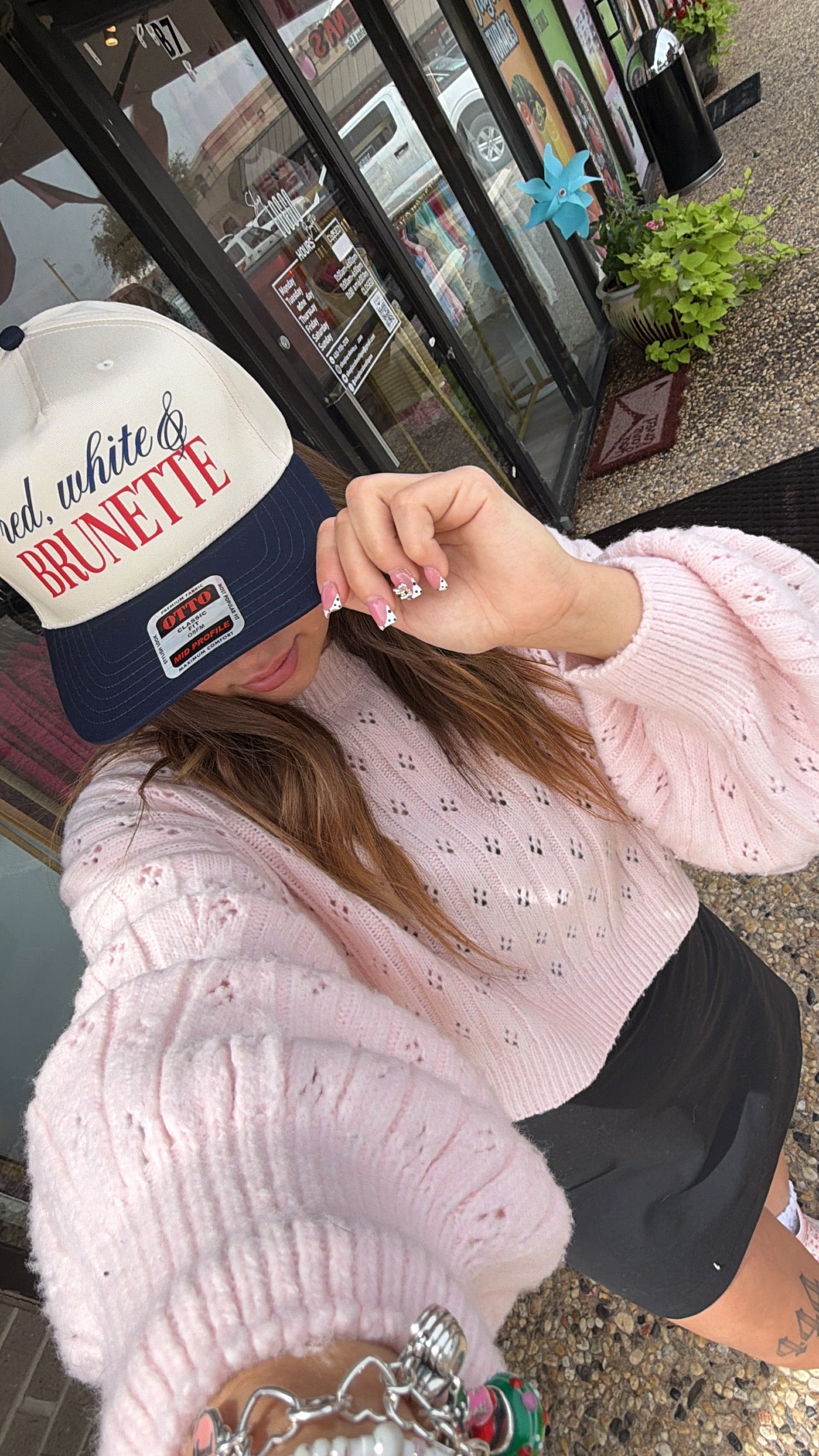 Red, White, & Brunette Cream/Navy Canvas Trucker