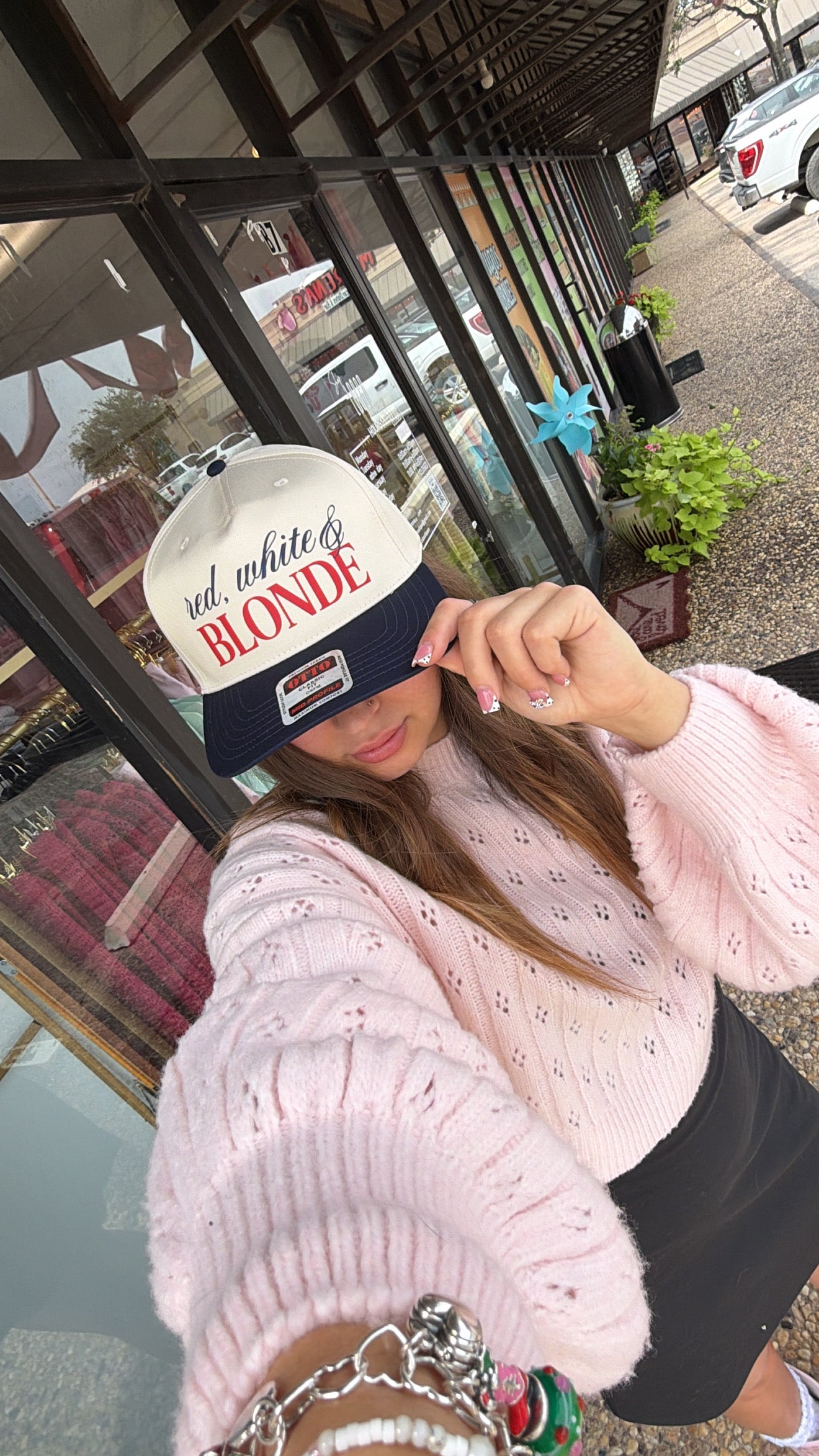 Red, White, & Blonde Cream/Navy Canvas Trucker