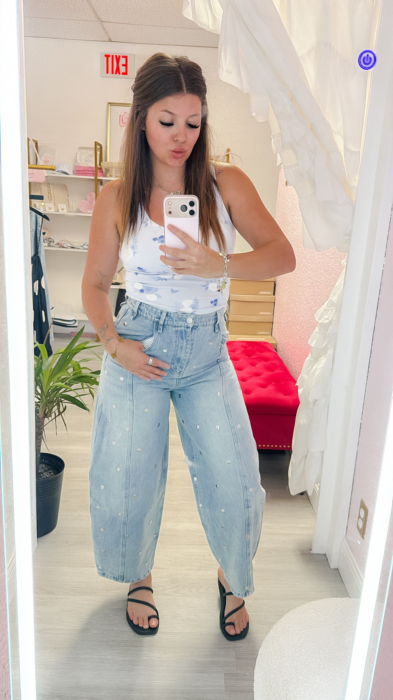 Light Denim Studded Barrel Denim Pants