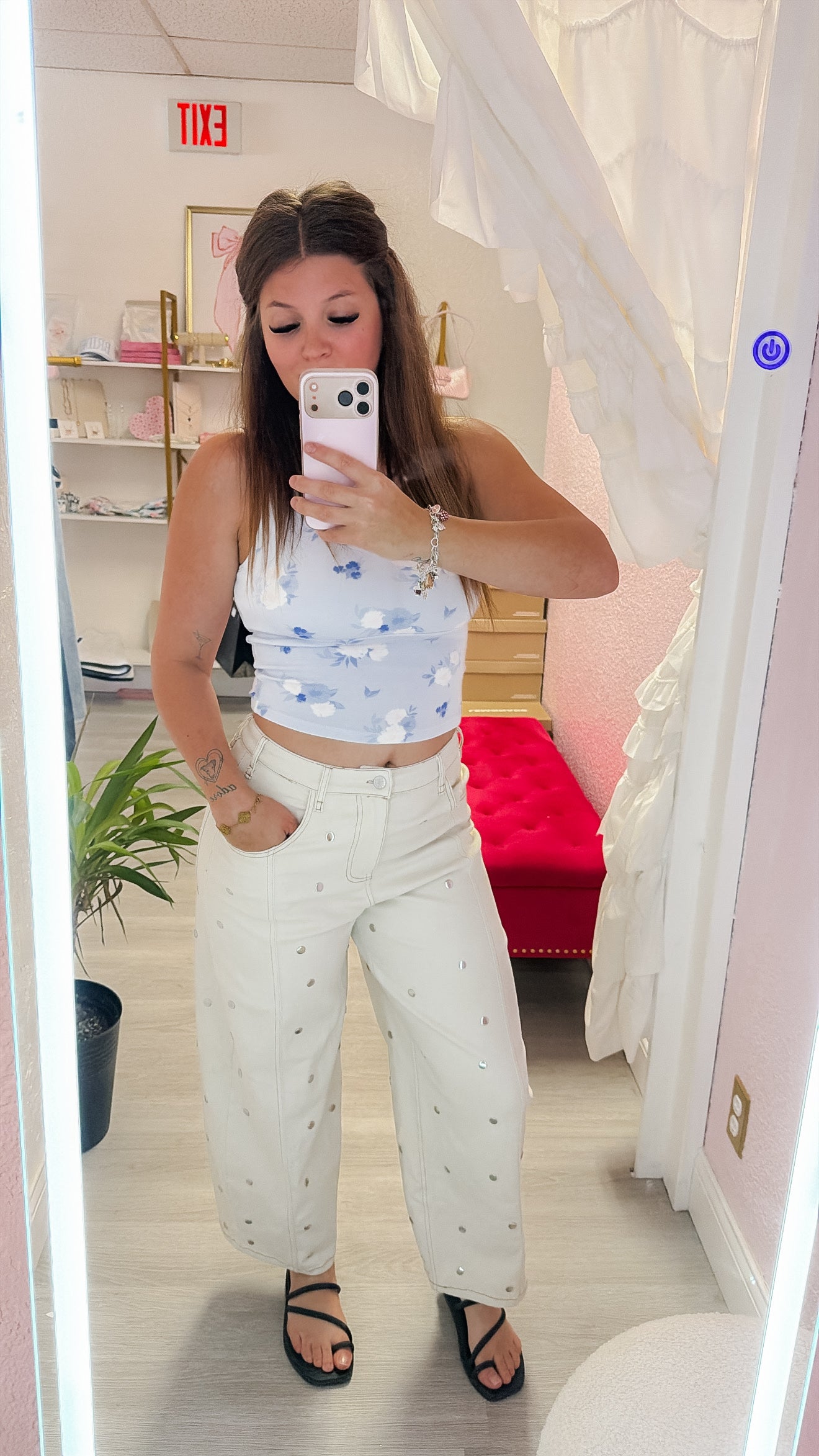 Cream Studded Barrel Denim Pants