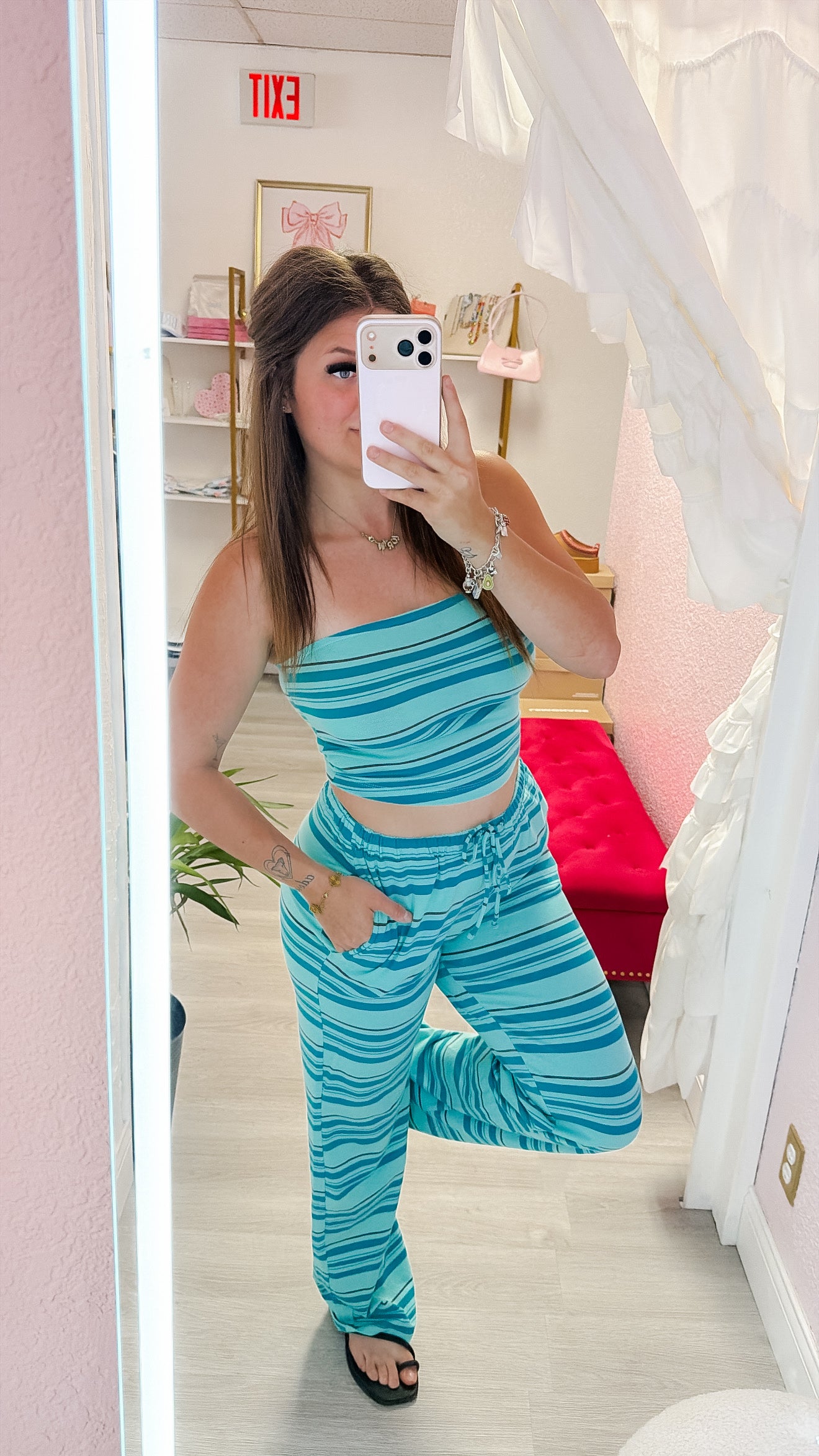 Teal Cotton Striped Tube Top and Wide Leg Pants Set