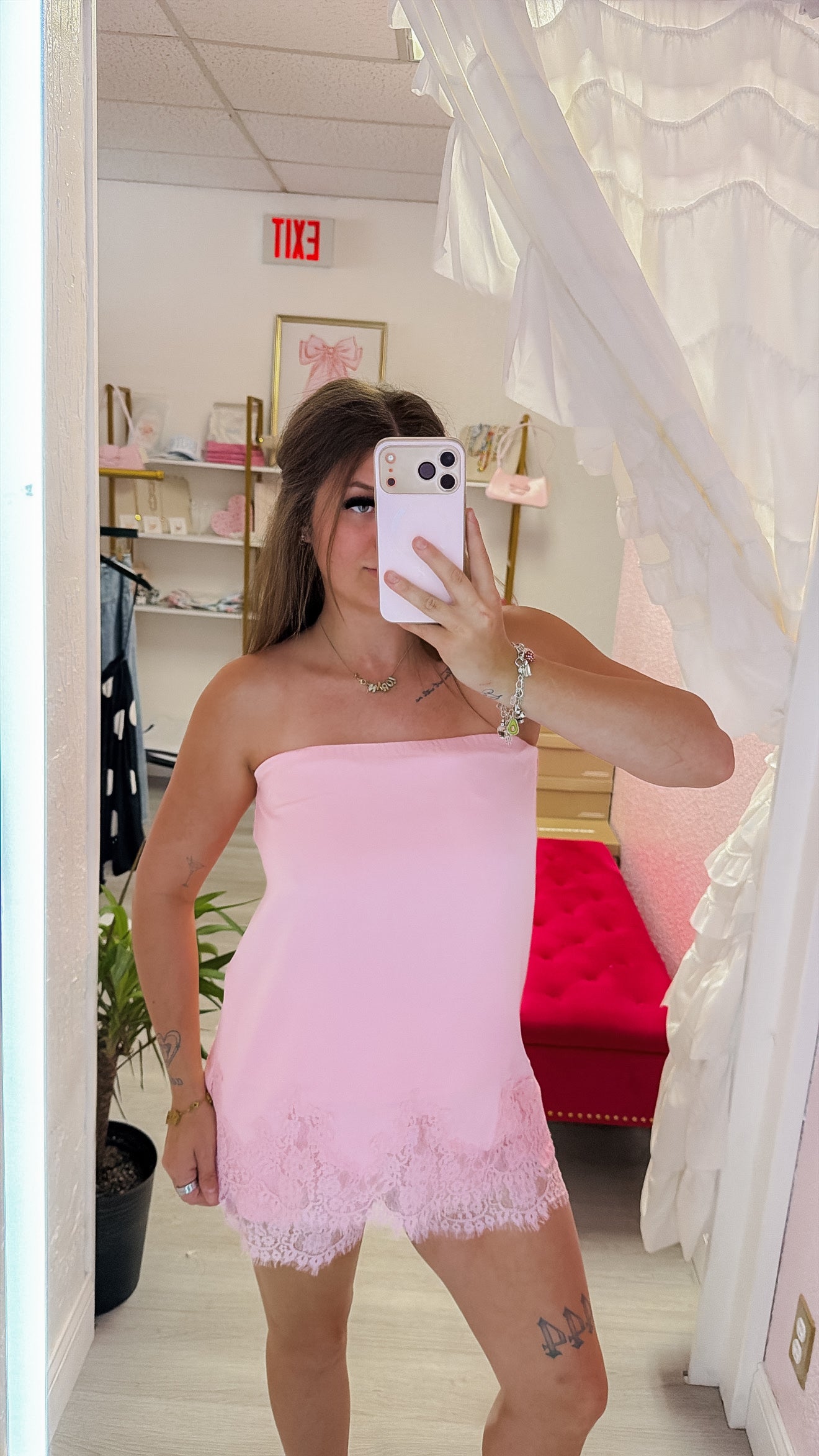 Baby Pink Lace Trim Relaxed Fit Strapless Top