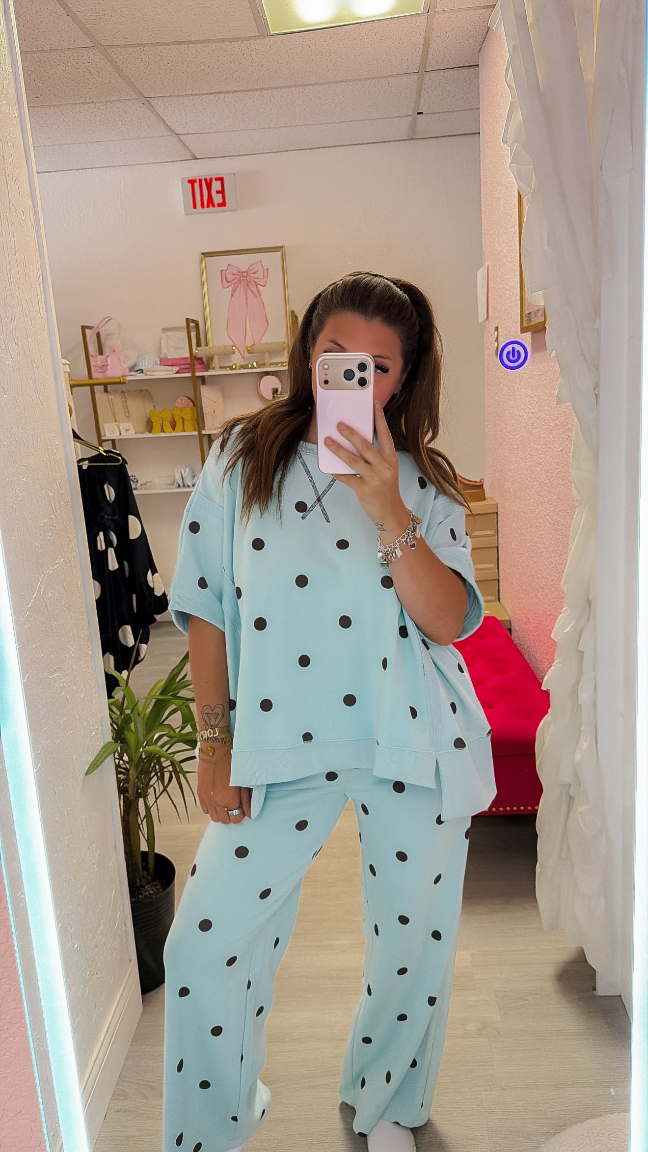 Polka Dot Dolman Sleeve Sweatshirt And Pants Set