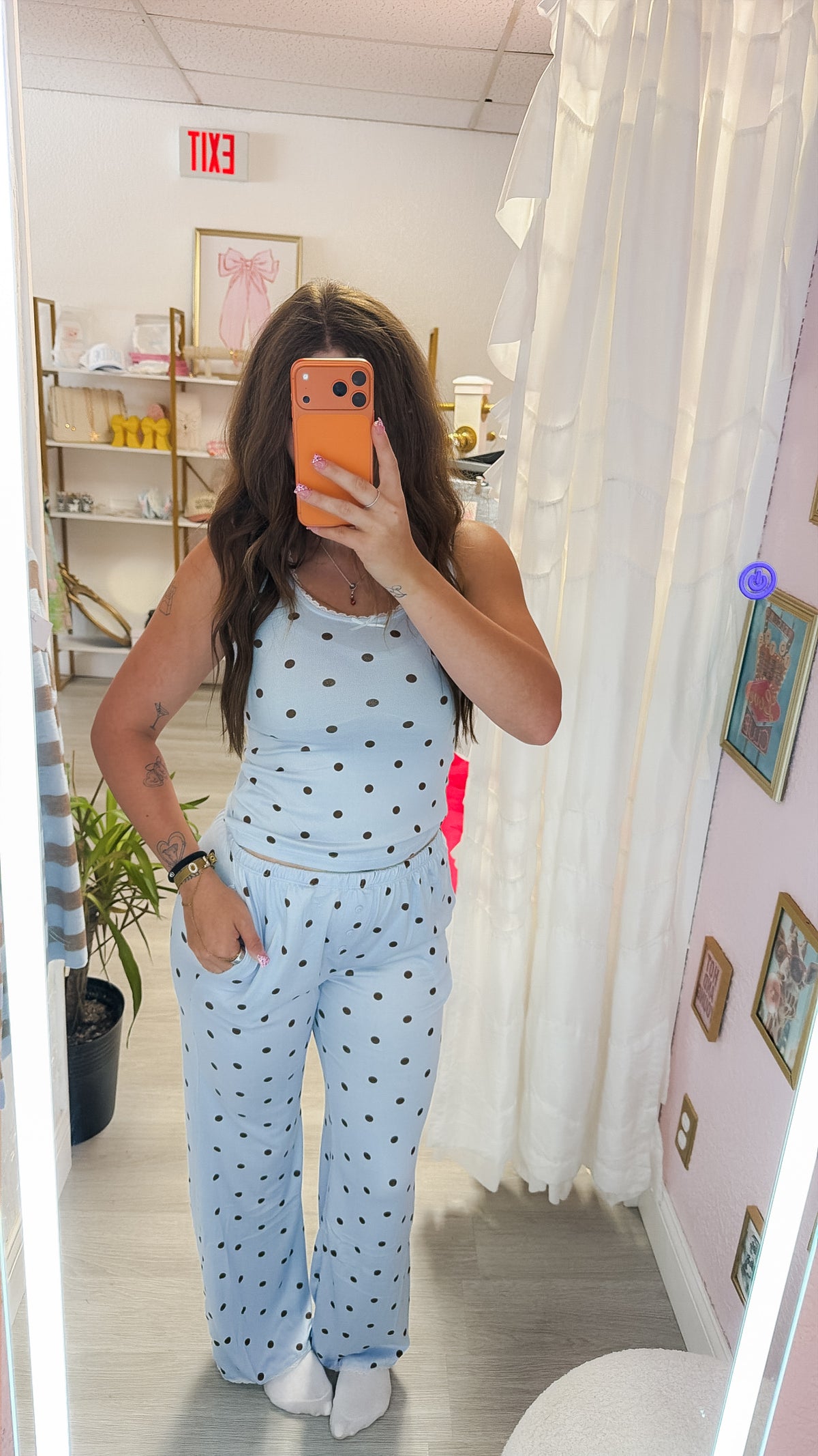 Polka Dot Rushed Knit Tank Top And Pants Set