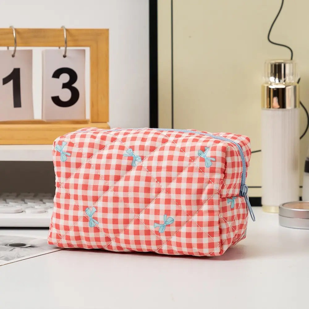 Quilted Cotton Checker Bow Makeup Bag