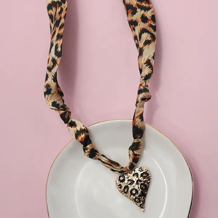 Leopard Scarf Charm Heart Necklace