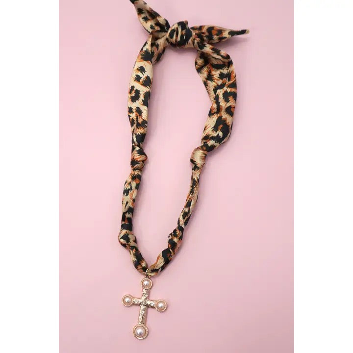 Leopard Scarf Cross Charm Necklace