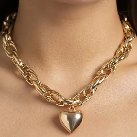 Puffy Heart Chunky Chain Statement Necklace