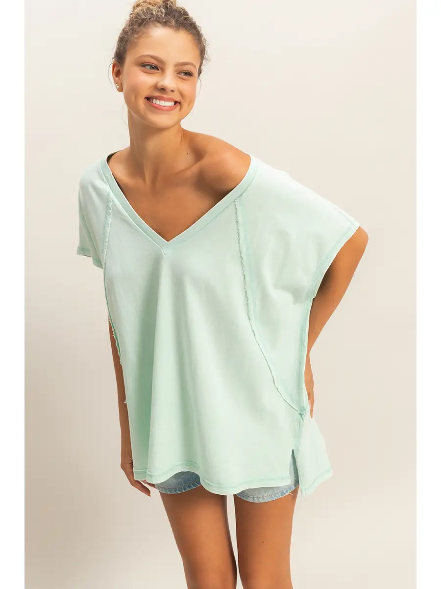 Oversized V-Neck Mineral Washed Top - Mint