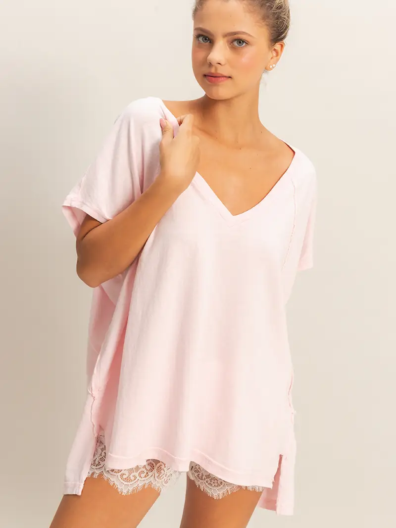 Oversized V-Neck Mineral Washed Top - Soft Pink