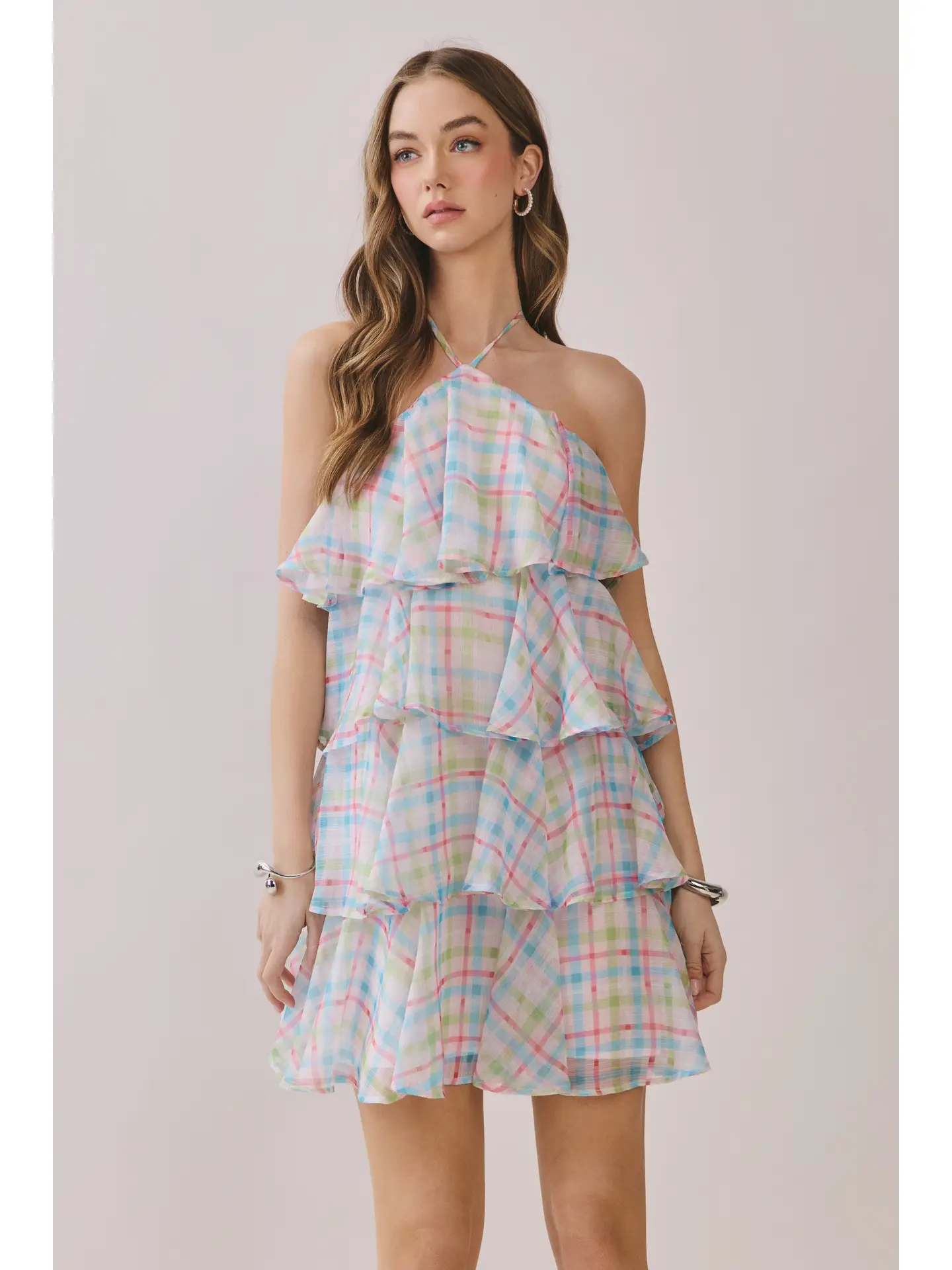 Pastel Plaid Tiered Ruffle Detail Halter Dress