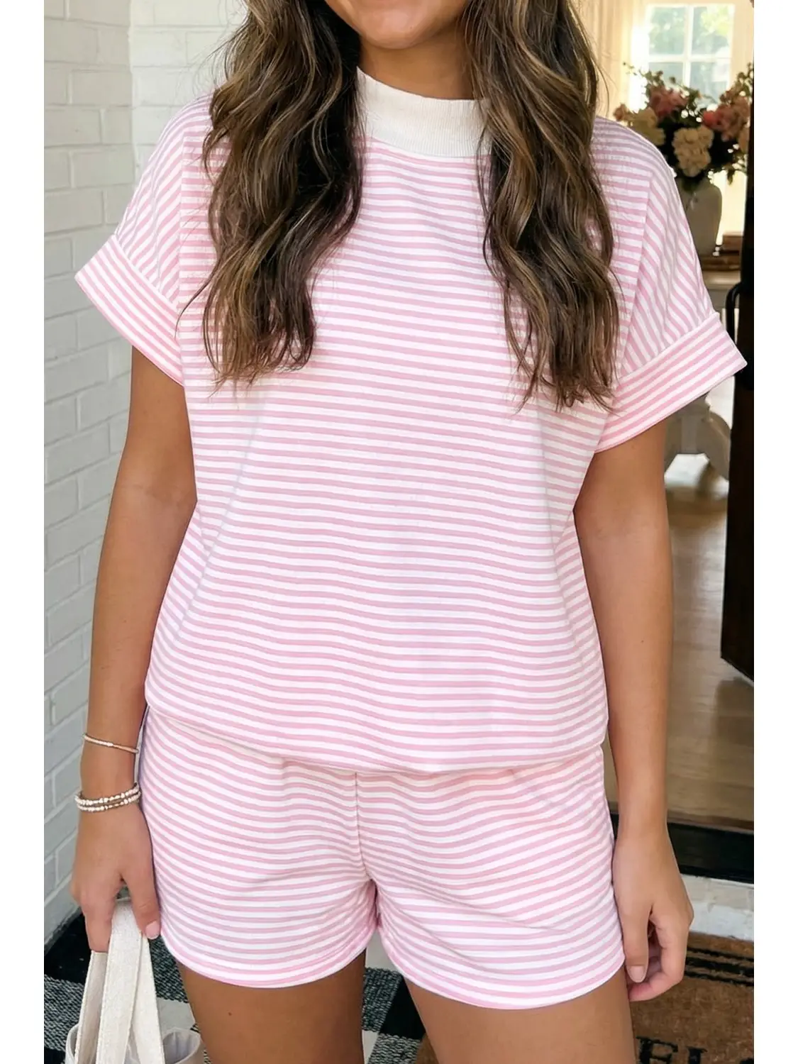 Stripe Cuffed Contrast Tee Casual 2pcs Shorts