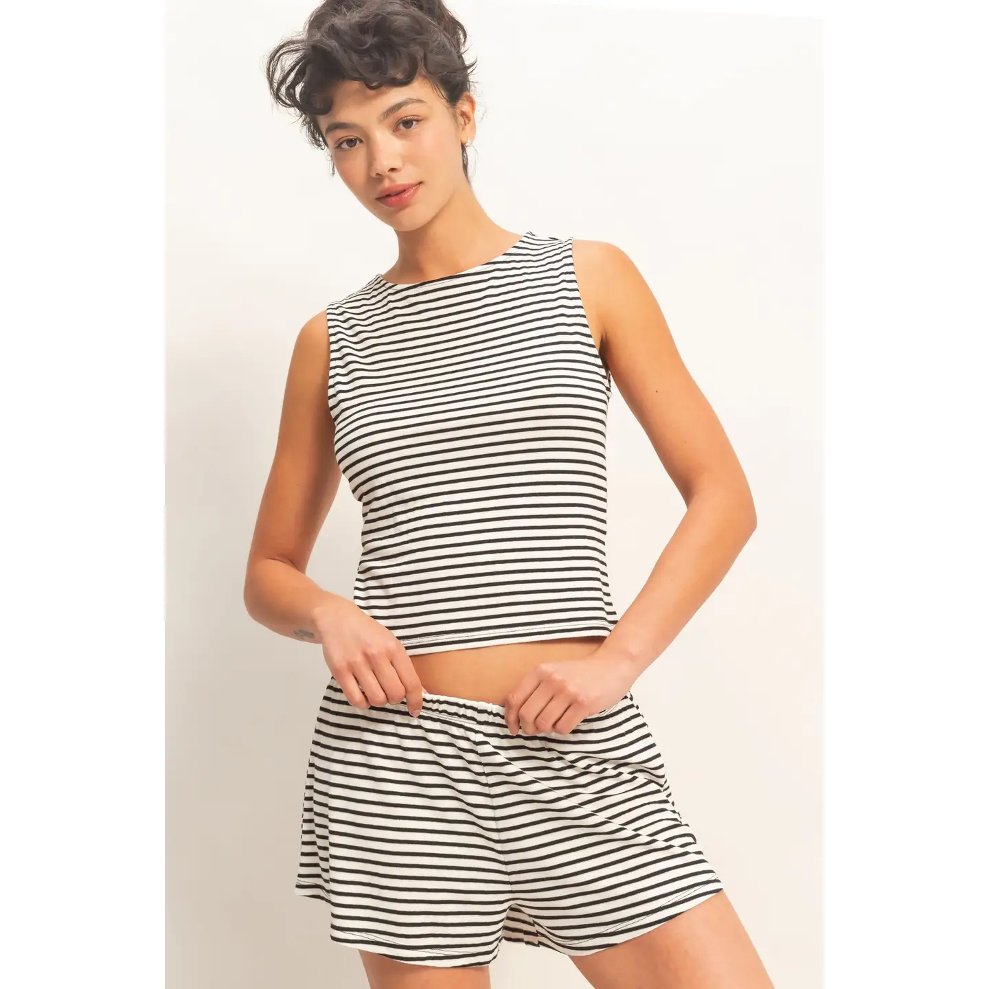 Black Striped Sleeveless Tank and Shorts Set