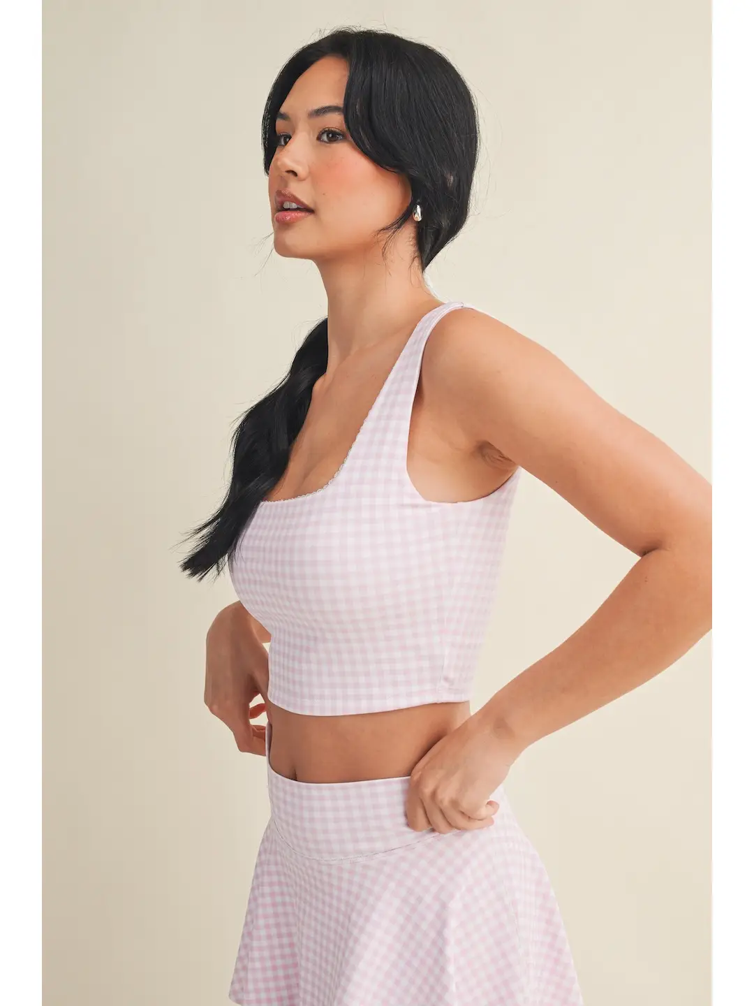 Pink Gingham Print Crop Tank with Lace Trim