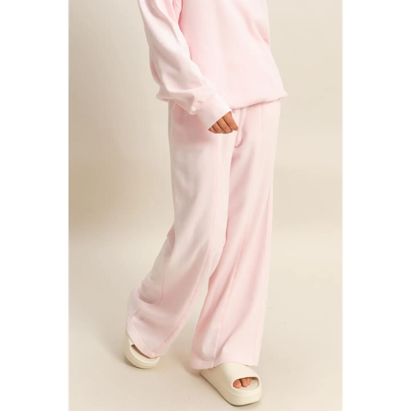 Soft Pink Acid Wash French Terry Wide-Leg Pants
