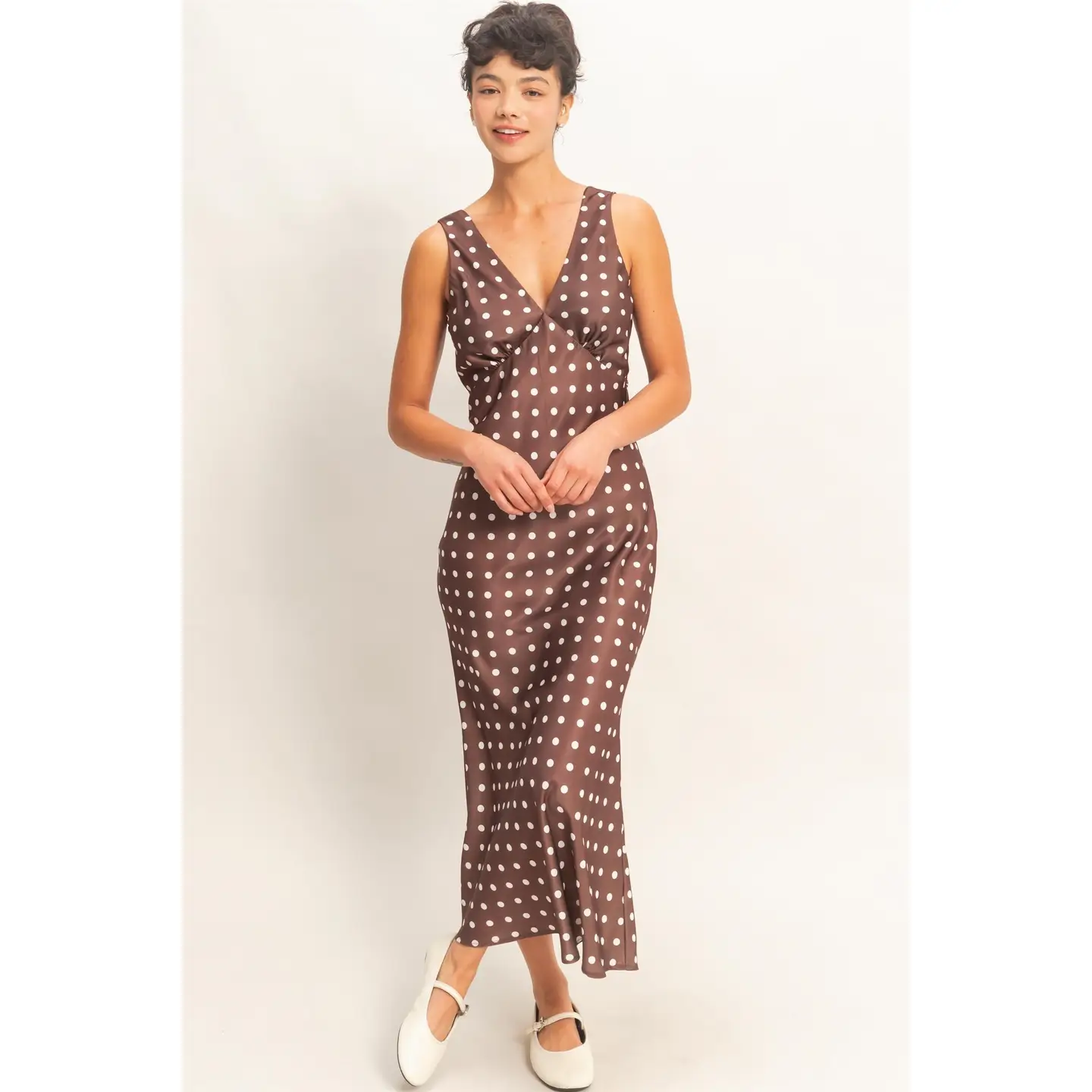 Polka Dot Sleeveless Maxi Dress - chocolate