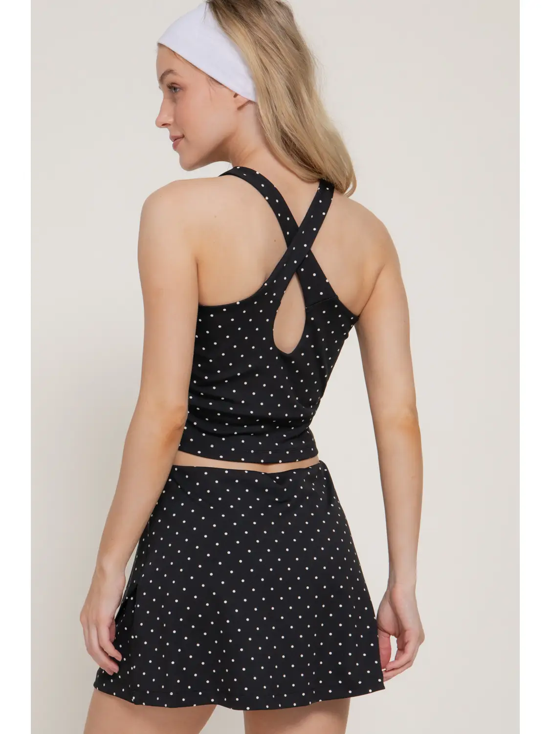Strappy Back Tank Top & Wrap Skort Dot Print Activewear Set - Black