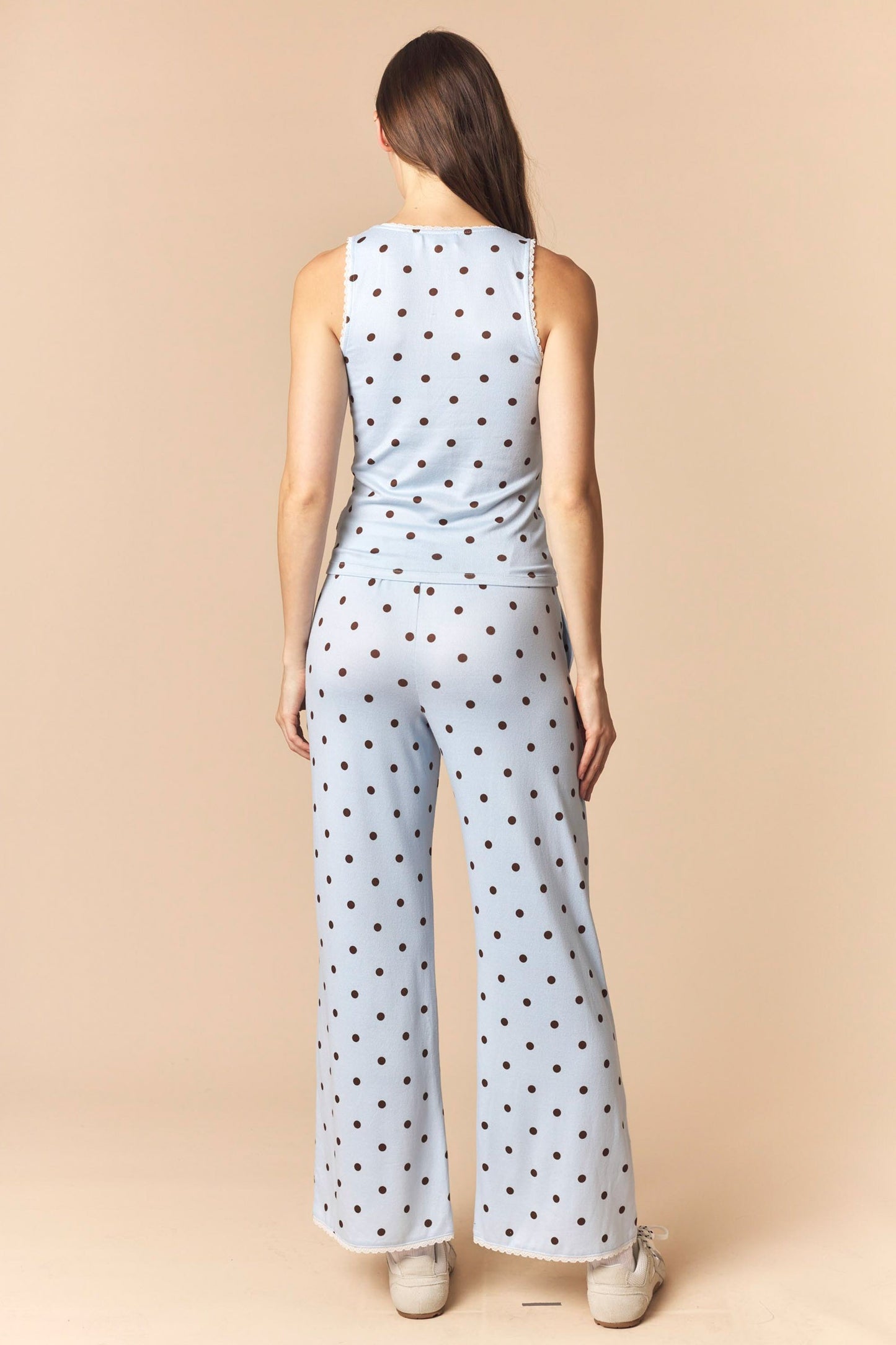 Polka Dot Rushed Knit Tank Top And Pants Set
