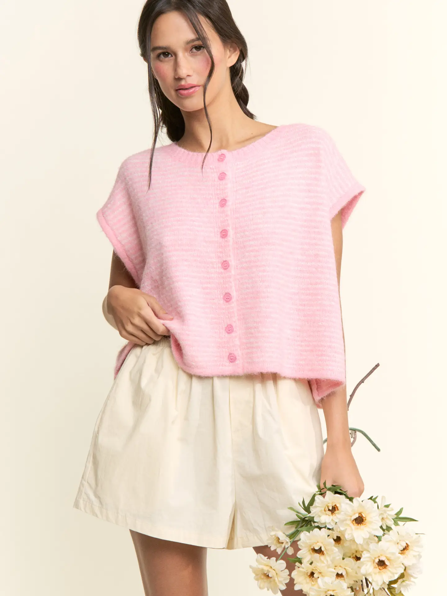 Pin-Striped Fuzzy Button-Front Knit Top - Pink