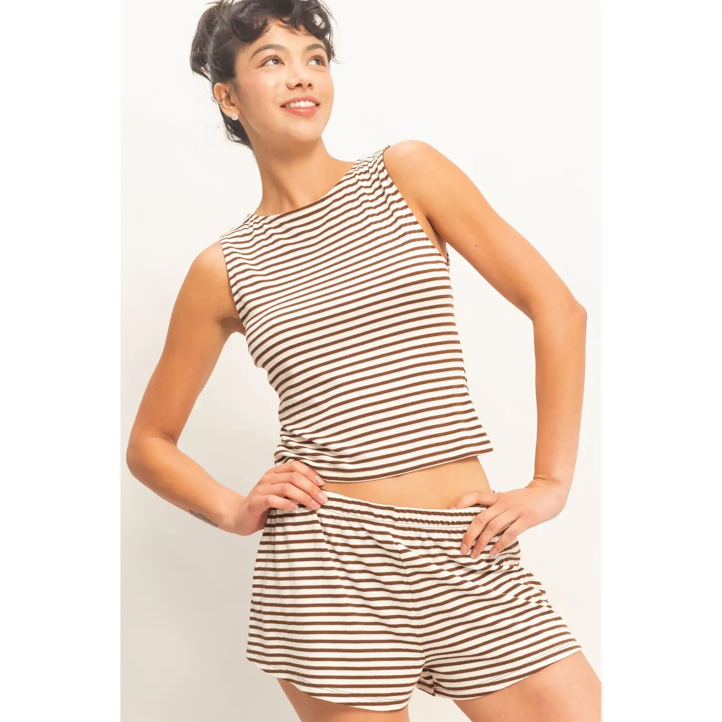 Brown Striped Sleeveless Tank and Shorts Set