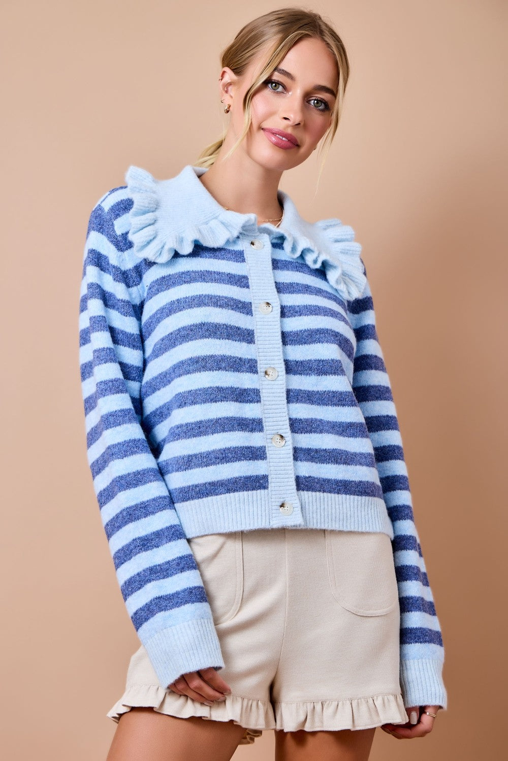 Blue Striped Knit Cardigan Sweater Top W/ Ruffle Sailor Collar