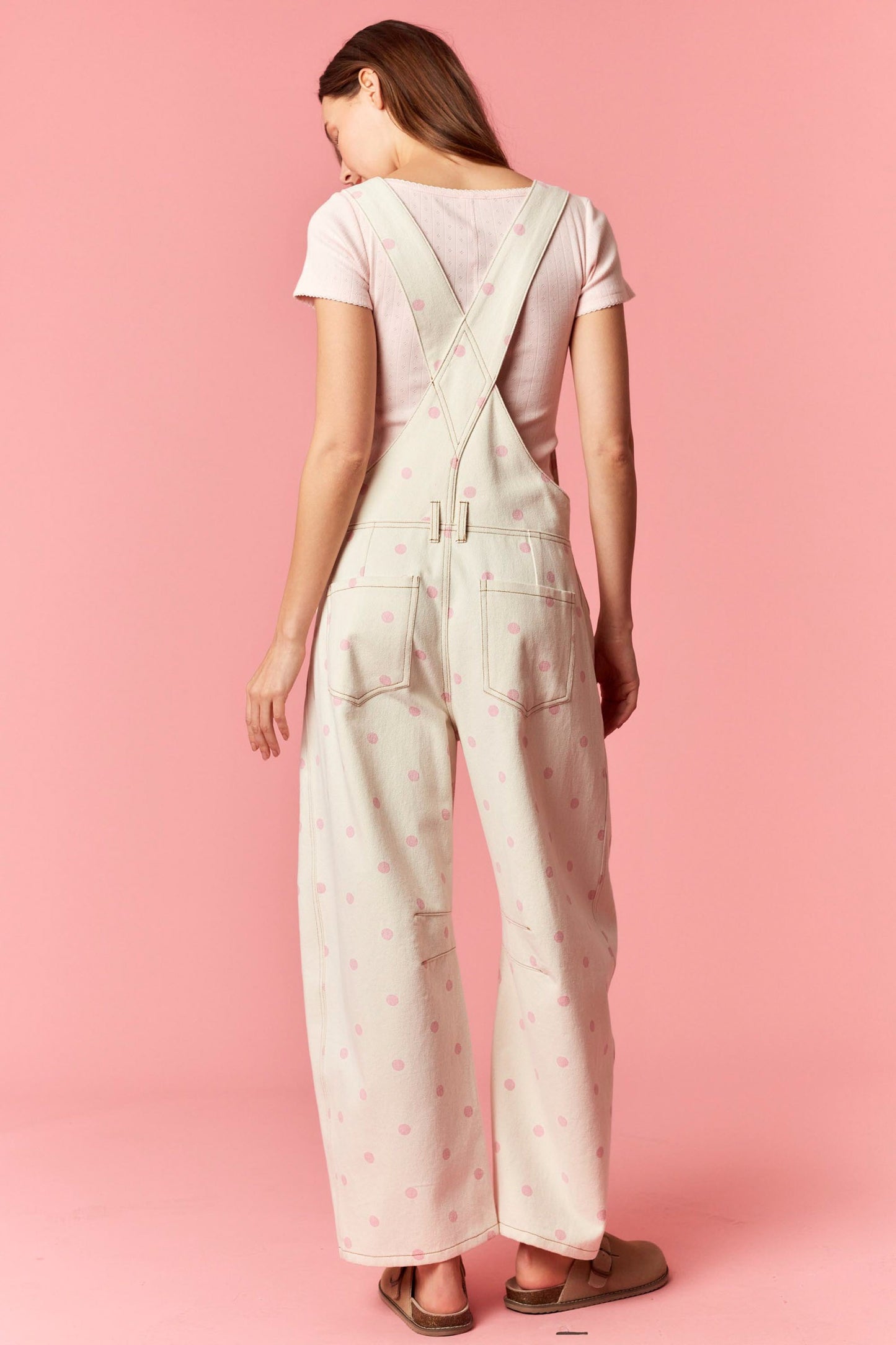 Pink Polka Dot Printed Denim Barrel Overall Jumpsuit