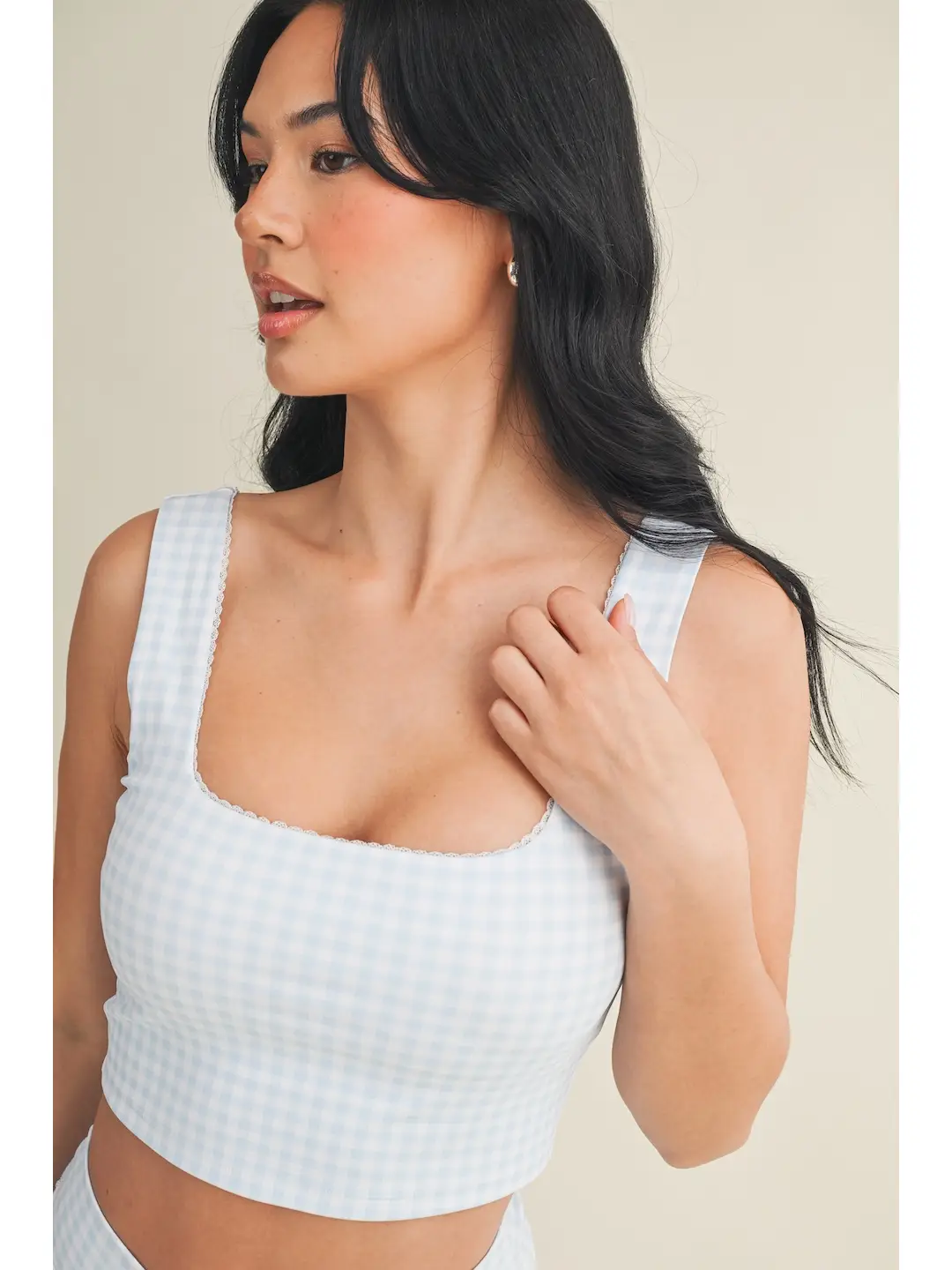 Gingham Print Crop Tank with Lace Trim