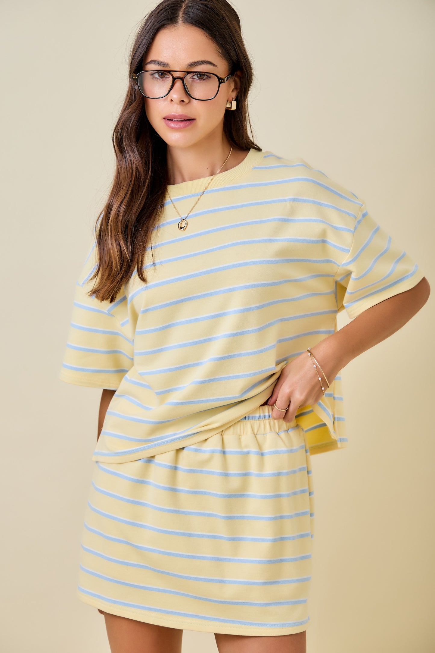 Striped Boxy Drop Shoulder Skirt Set