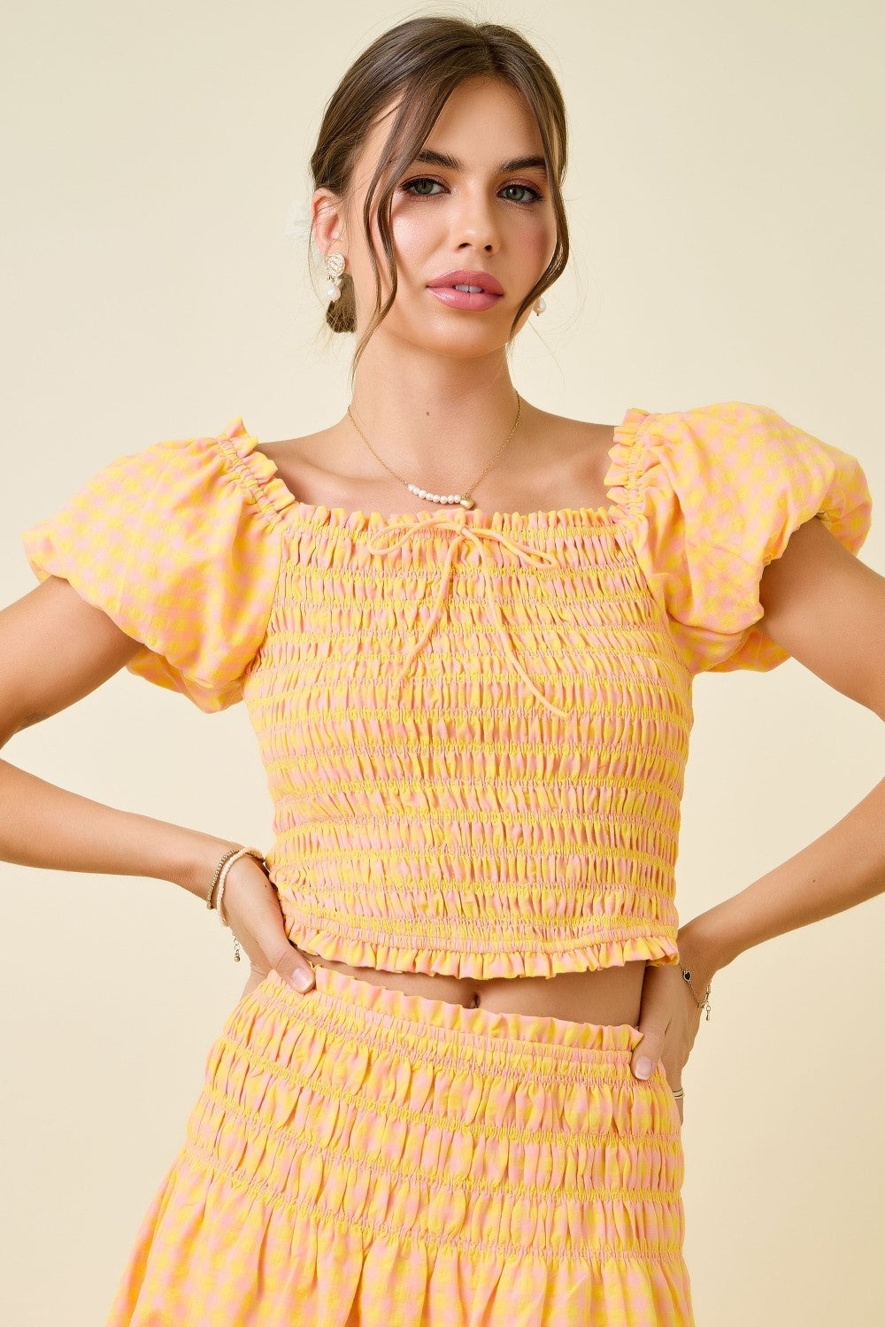 Gingham Smocked Bodice Bubble Sleeve Top W/ Tie Gingham Smocked Bodice Bubble Sleeve Top W/ Tie