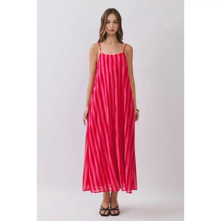 Pink Red Vertical Striped Scoop Neck Slip Maxi Dress