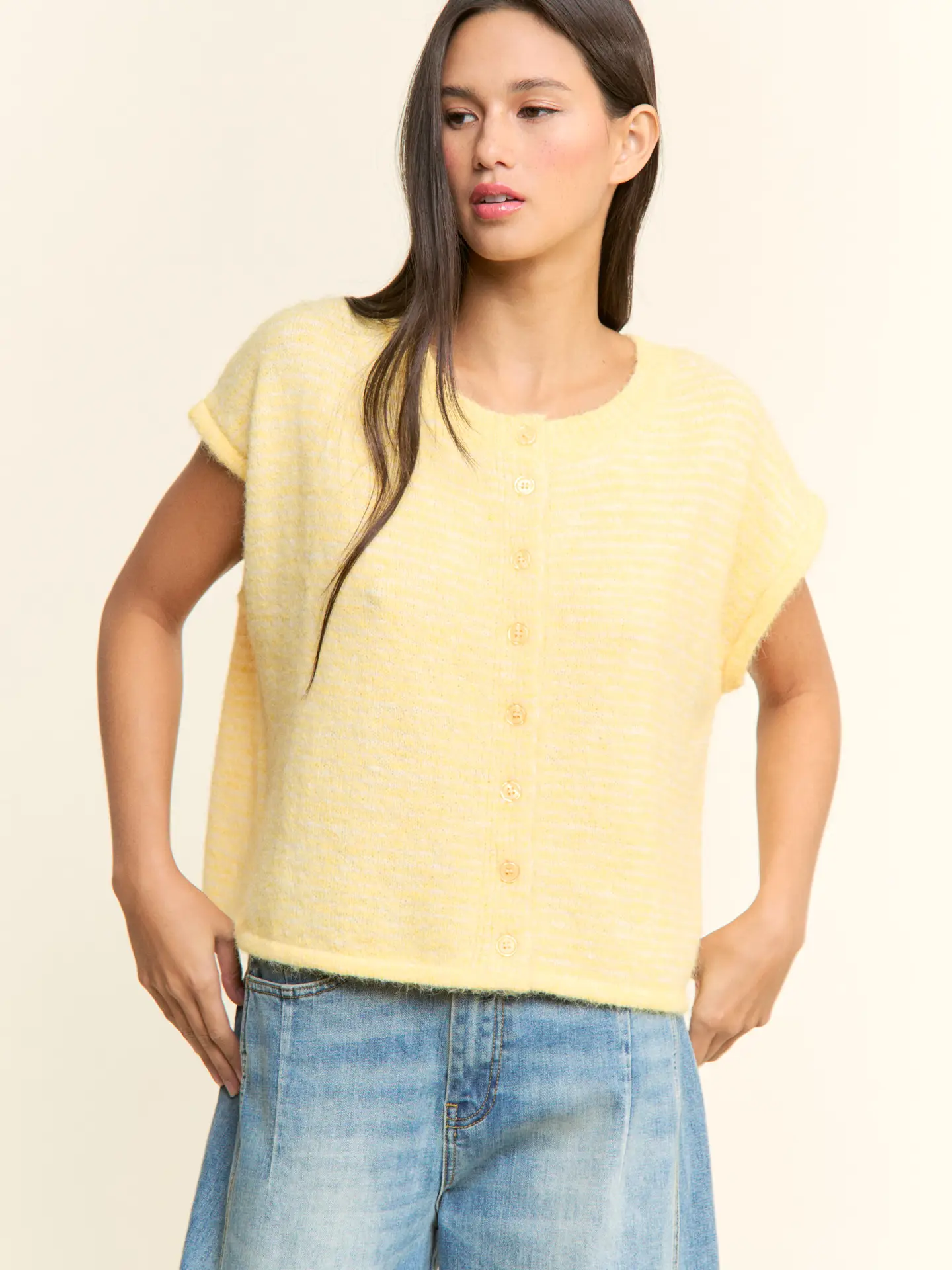 Pin-Striped Fuzzy Button-Front Knit Top - Yellow