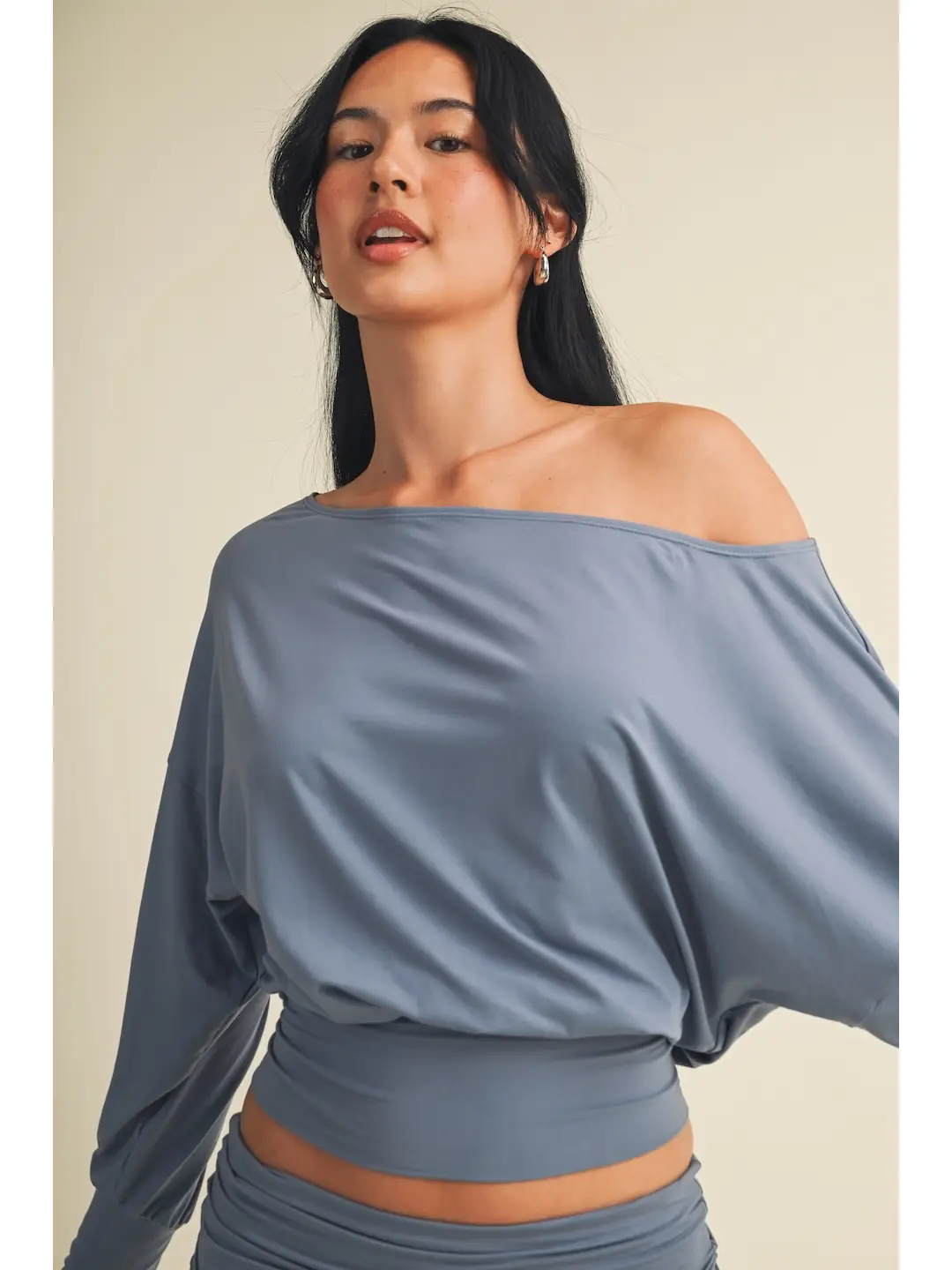 Dusty Blue Soft Knit Off Shoulder Slouchy Top