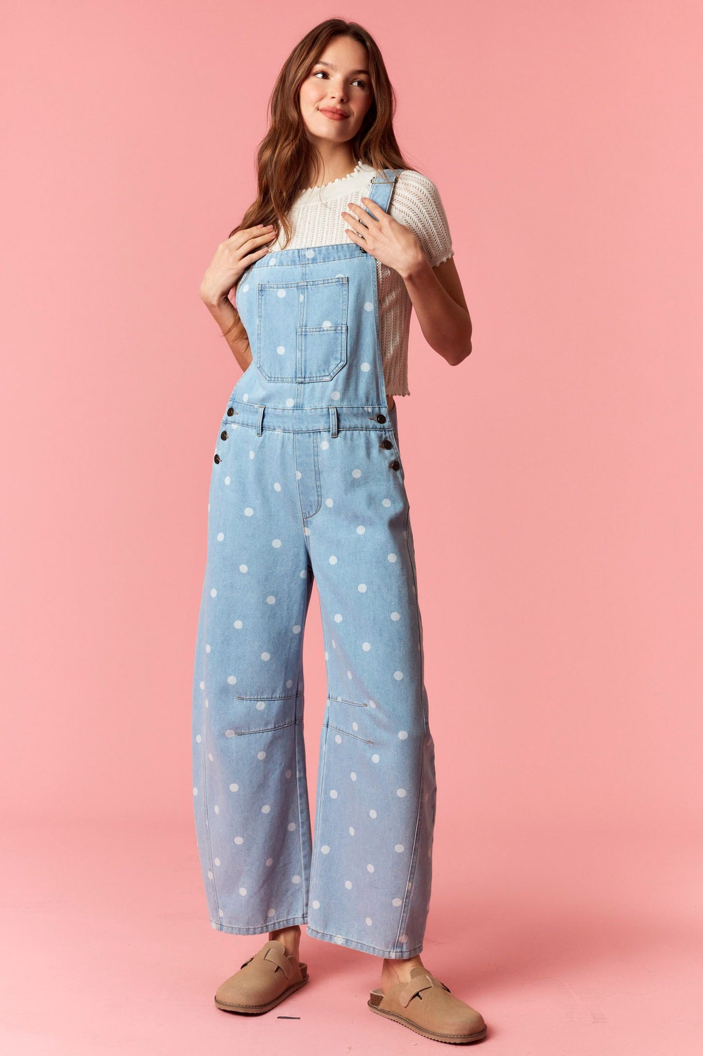 Polka Dot Utility Overalls In Light Denim