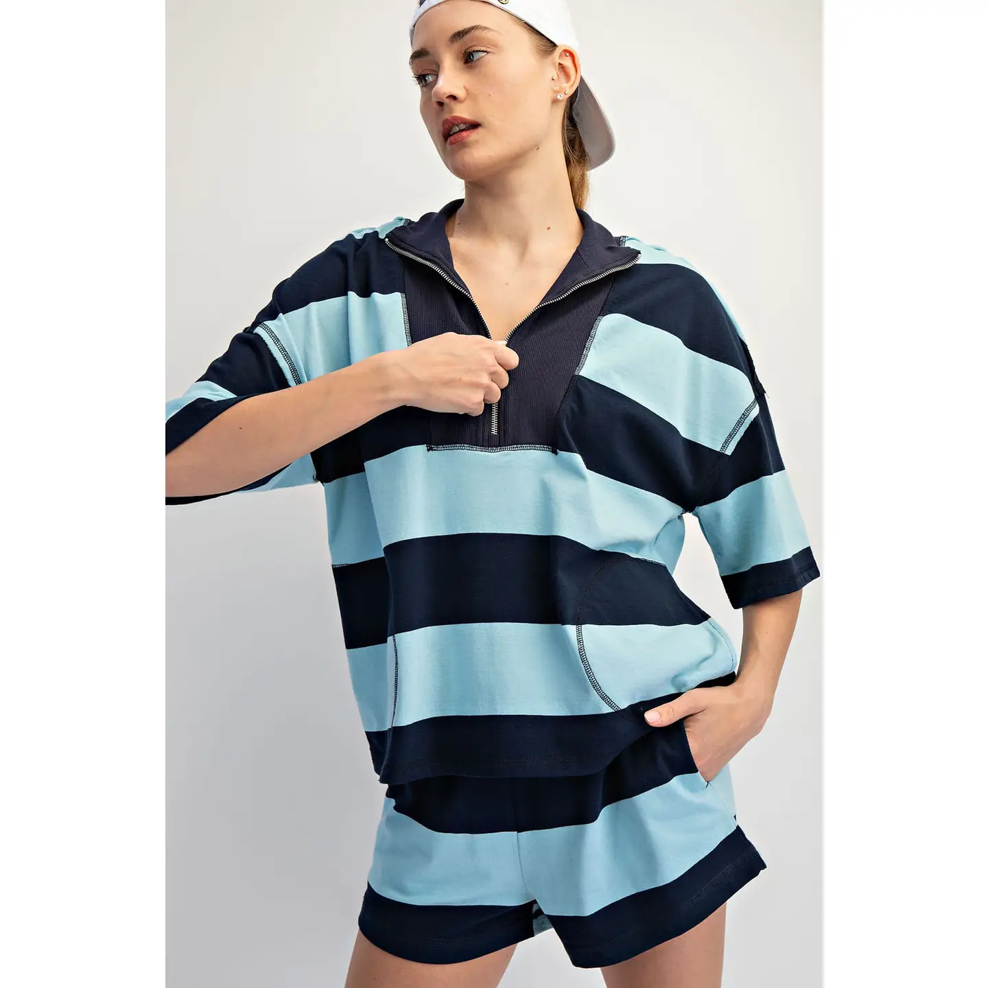 Stripped Cotton Quarter Zip Short Set