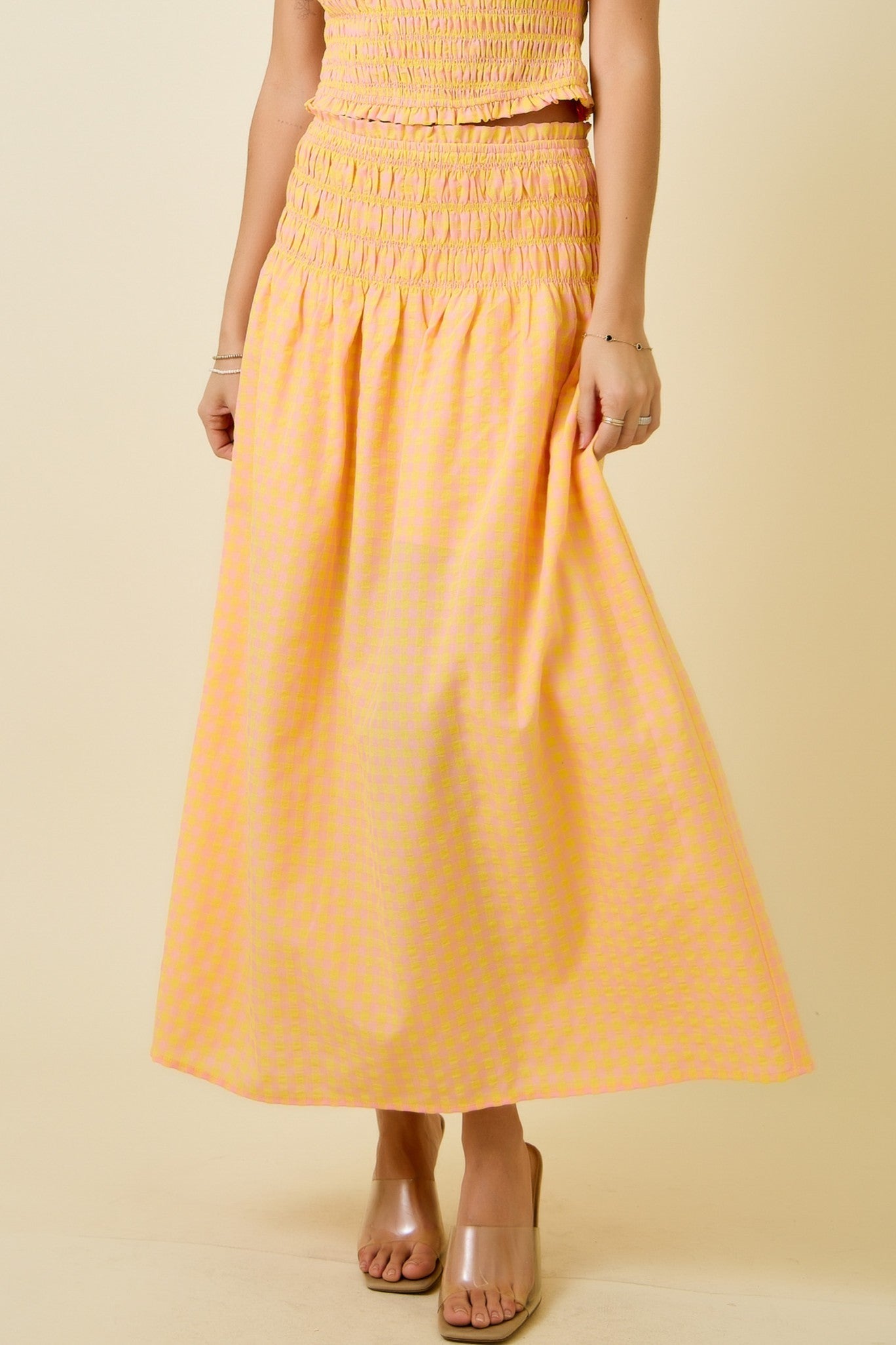 Gingham Smocked Waist Midi Skirt