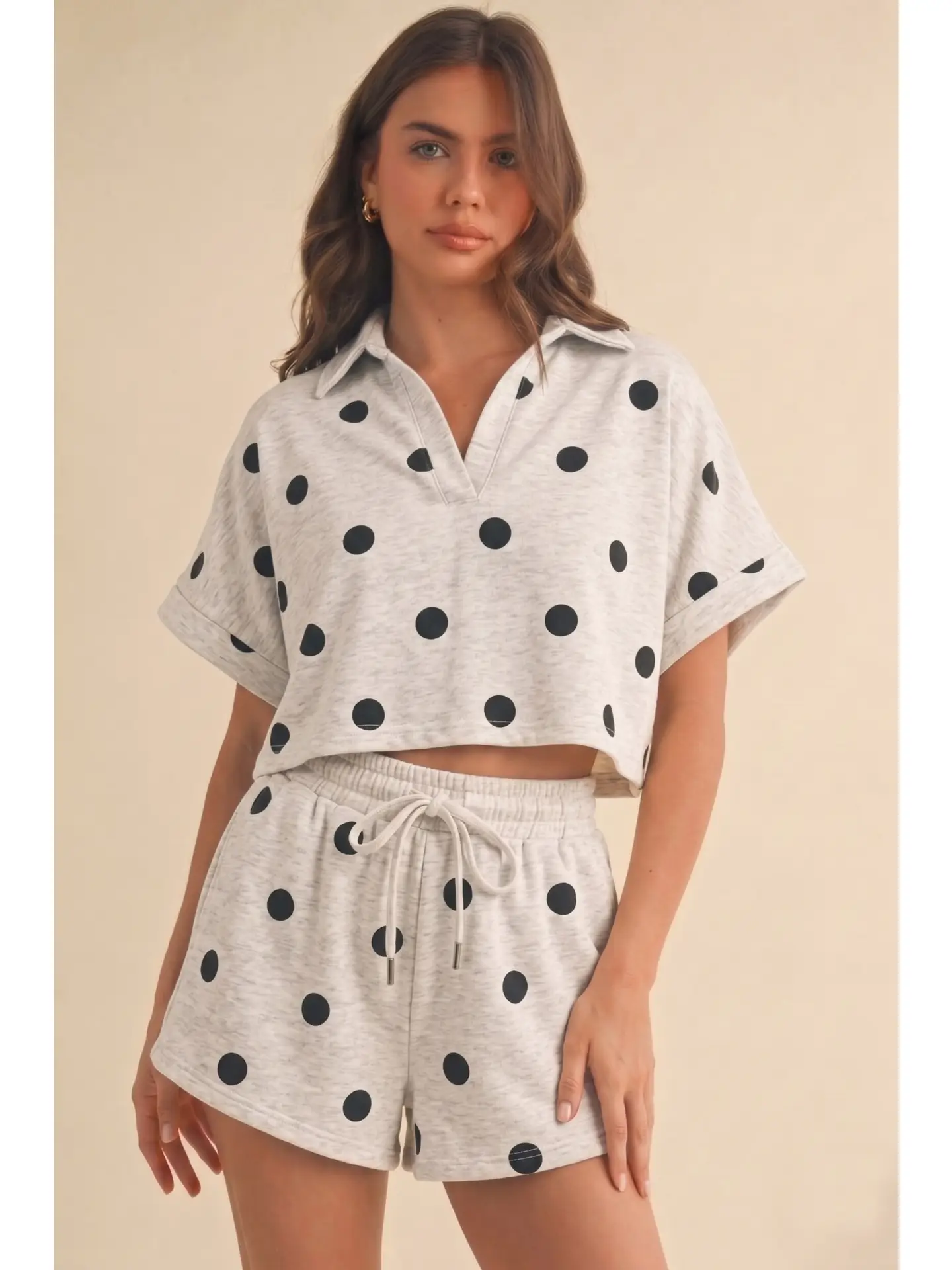 Polkadot Cropped Short Sleeve Collared Top and Shorts