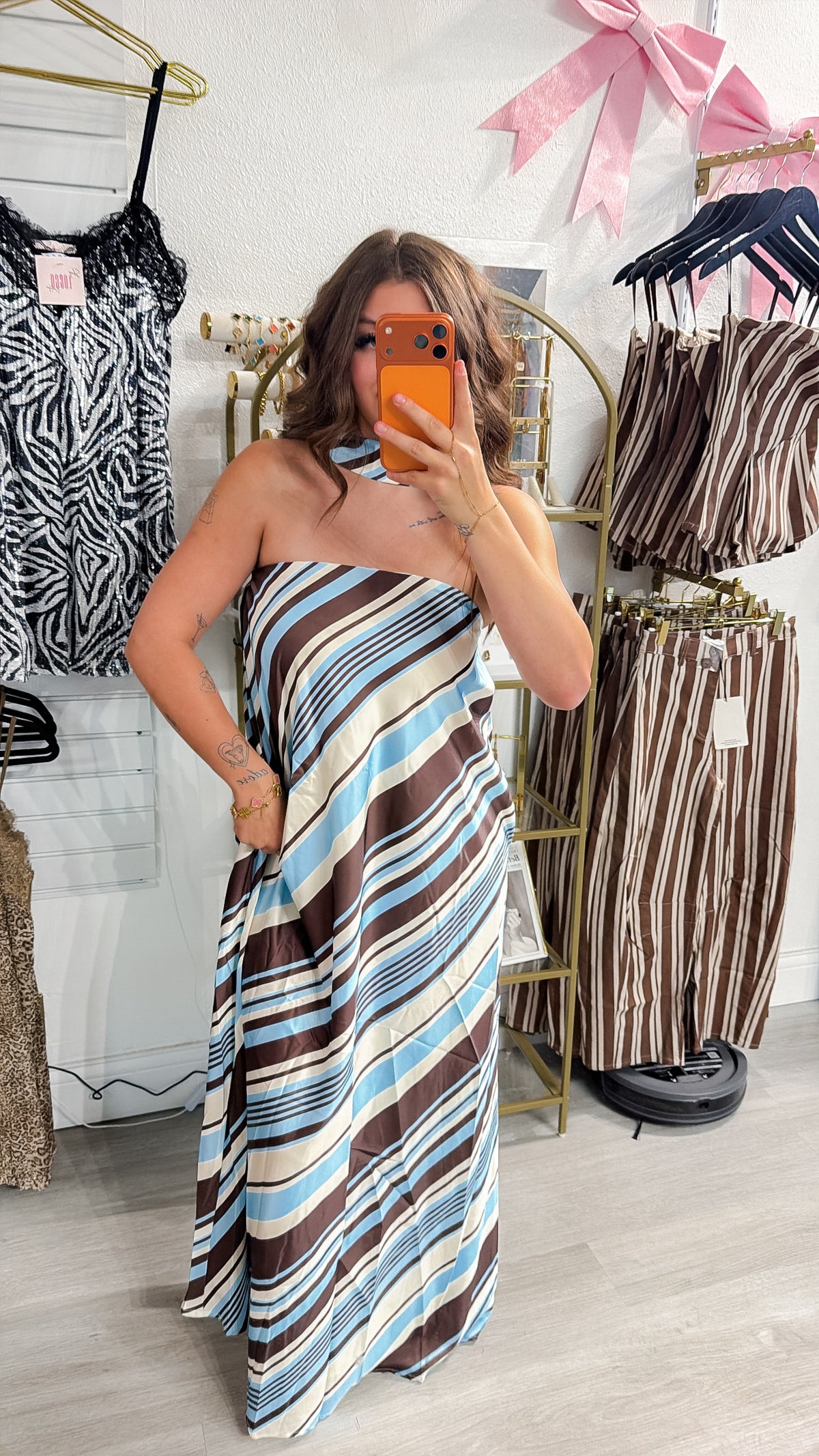 Diane Striped Strapless Maxi Dress with Scarf