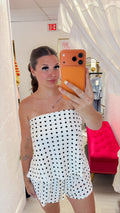 Evelyn Polka Dot Satin Strapless Flowy Top