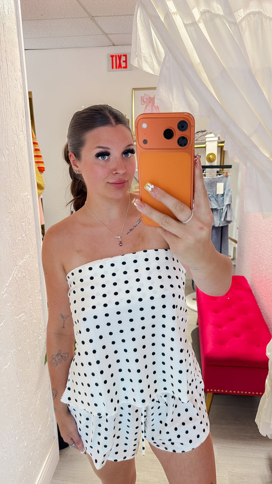 Evelyn Polka Dot Satin Strapless Flowy Top